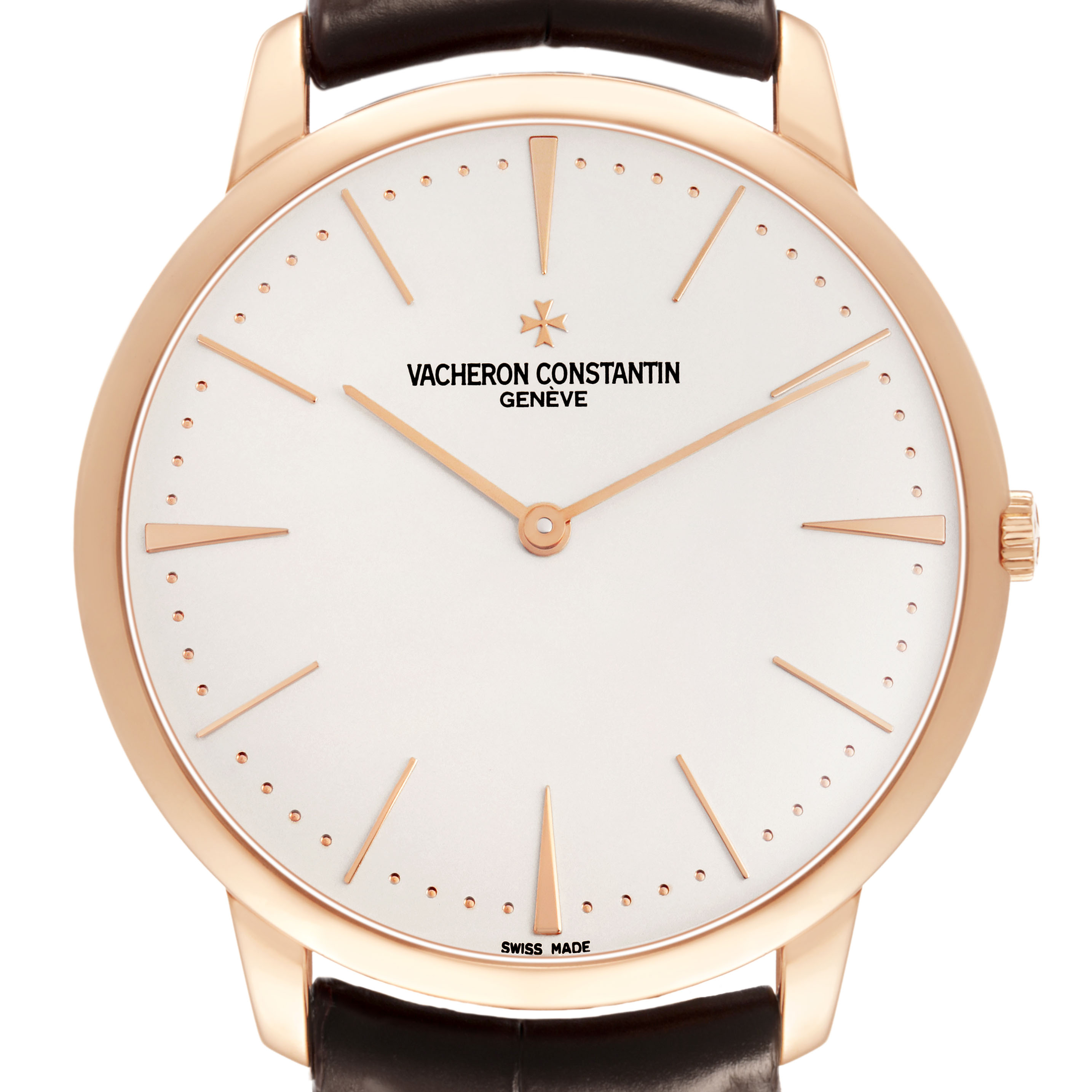 The Vacheron Constantin Patrimony 81180/000R-9159 Men's Rose Gold Silver Dial watch is shown from the front, displaying its dial, hands, case, and part of the leather strap.