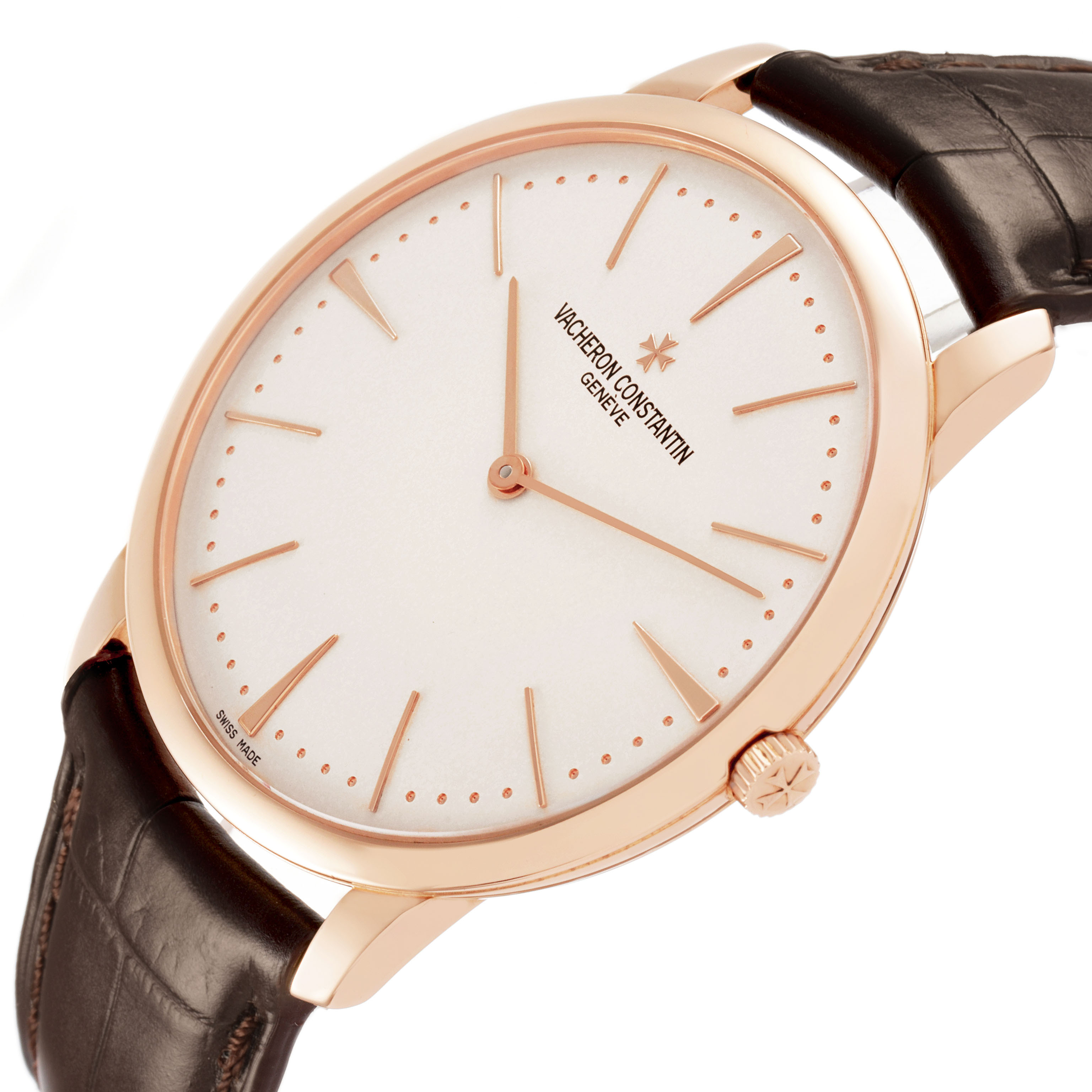 The Vacheron Constantin Patrimony 81180/000R-9159 Men's Rose Gold Silver Dial watch is shown at an oblique angle, highlighting the face, case, crown, and part of the leather strap.