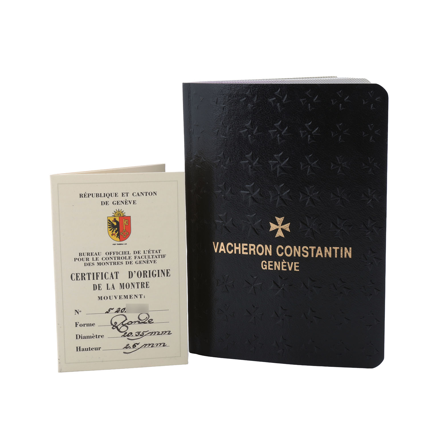 The image shows a certificate and a booklet for a Vacheron Constantin Patrimony 81180/000R-9159 Men's Rose Gold Silver Dial watch, with no angle or view of the watch itself.