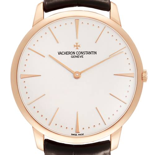 The Vacheron Constantin Patrimony 81180/000R-9159 Men's Rose Gold Silver Dial model is shown from the front, highlighting the dial, hands, and case.