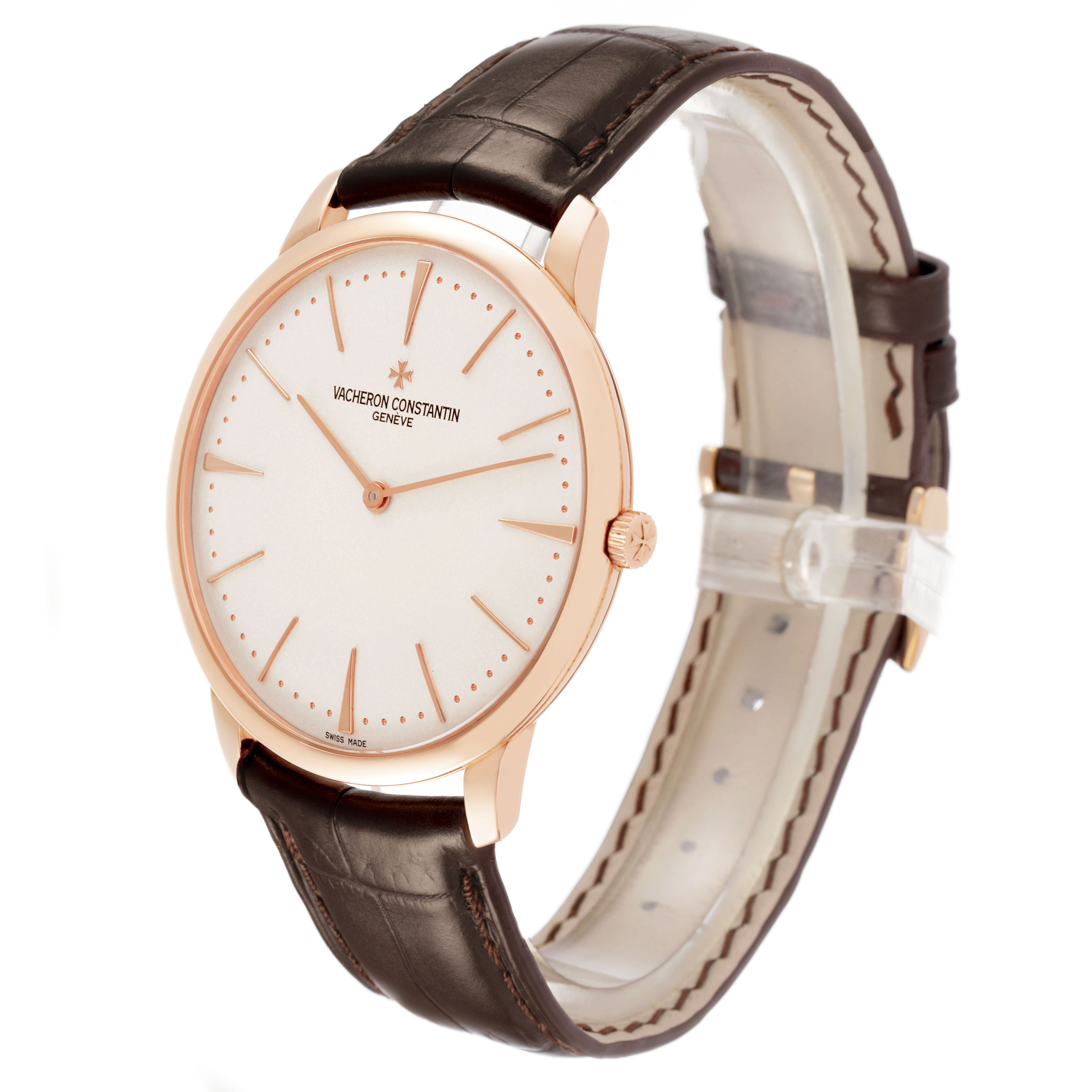 The Vacheron Constantin Patrimony 81180/000R-9159 Men's Rose Gold Silver Dial watch is shown at a slight side angle highlighting the dial, case, crown, and leather strap.