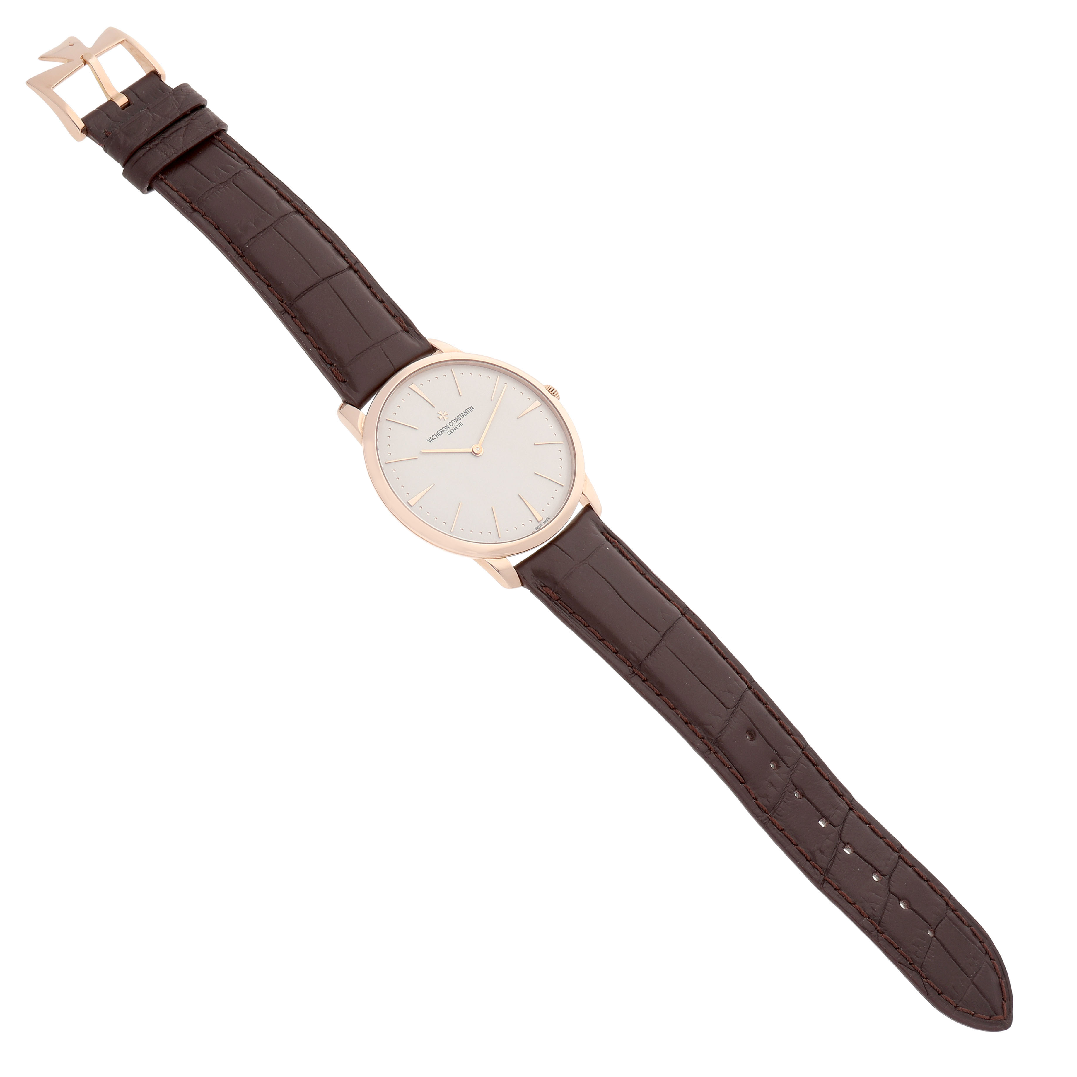 The Vacheron Constantin Patrimony 81180/000R-9159 Men's Rose Gold Silver Dial watch is shown from a top-down angle, displaying its dial, case, and full leather strap.