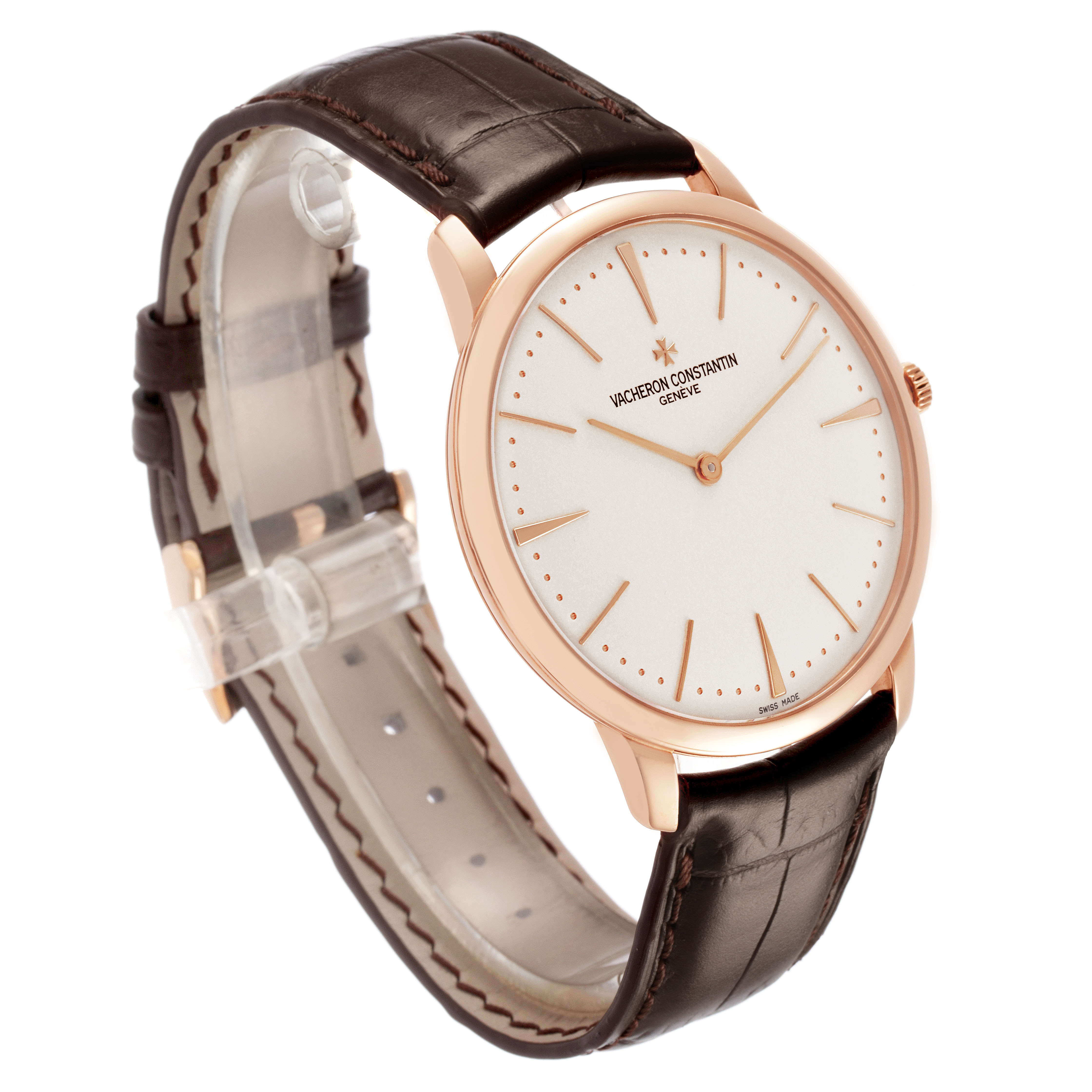 The Vacheron Constantin Patrimony 81180/000R-9159 Men's Rose Gold Silver Dial watch is shown at a three-quarter angle, displaying the face, case, and brown leather strap.