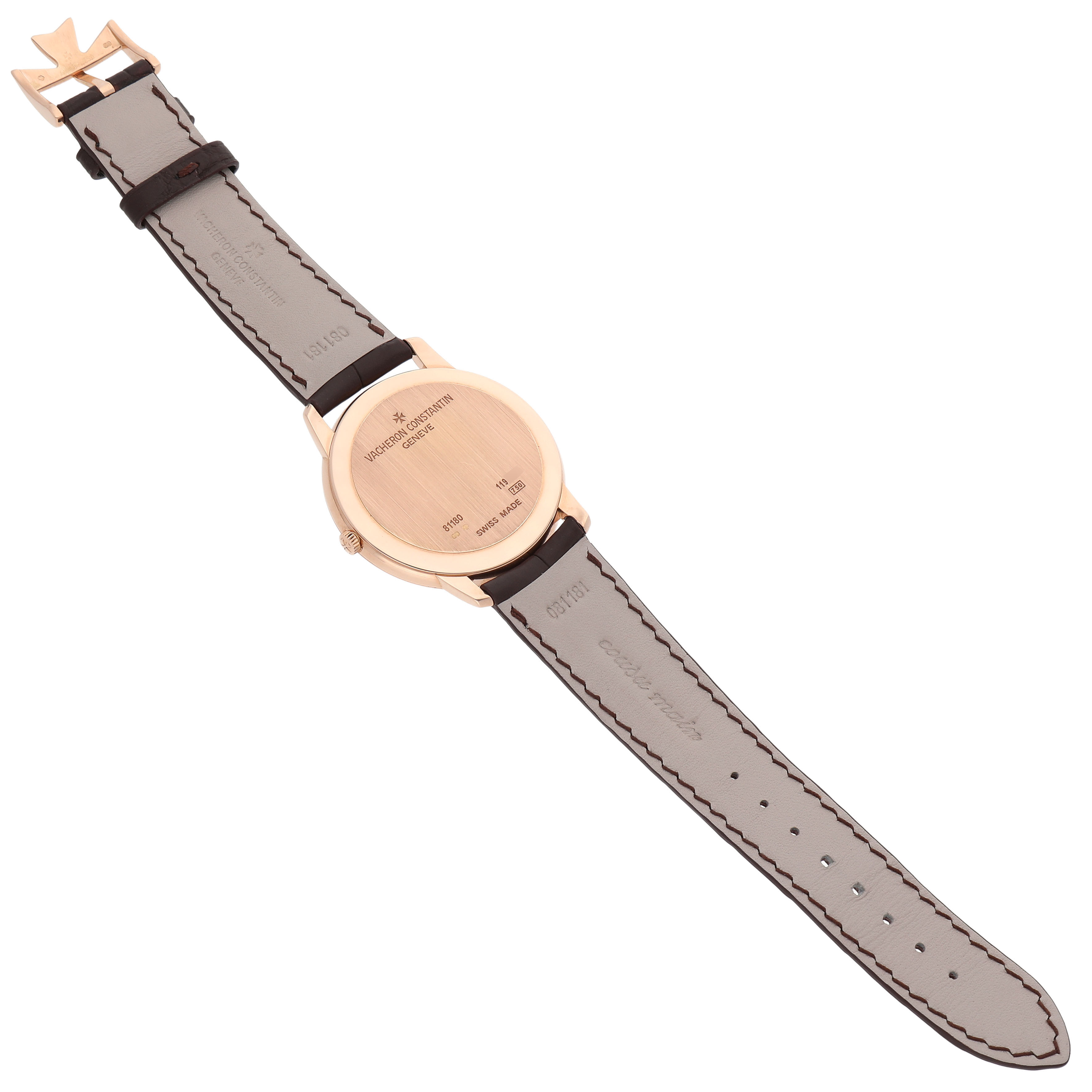 The image shows the back and side of a Vacheron Constantin Patrimony 81180/000R-9159 Men's Rose Gold Silver Dial watch, including the caseback and strap.