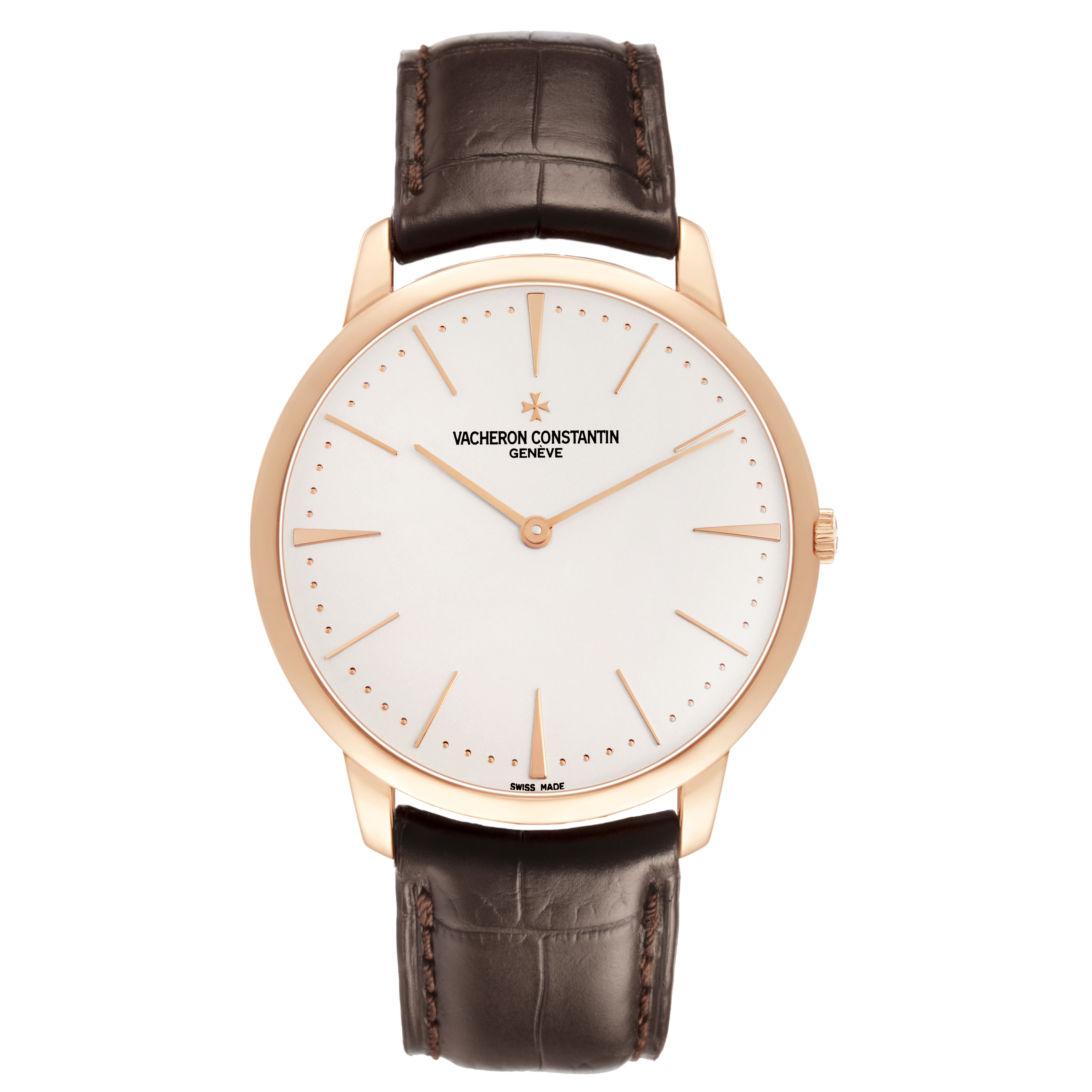 The Vacheron Constantin Patrimony 81180/000R-9159 Men's Rose Gold Silver Dial watch is shown from a front angle, displaying its round face and leather strap.