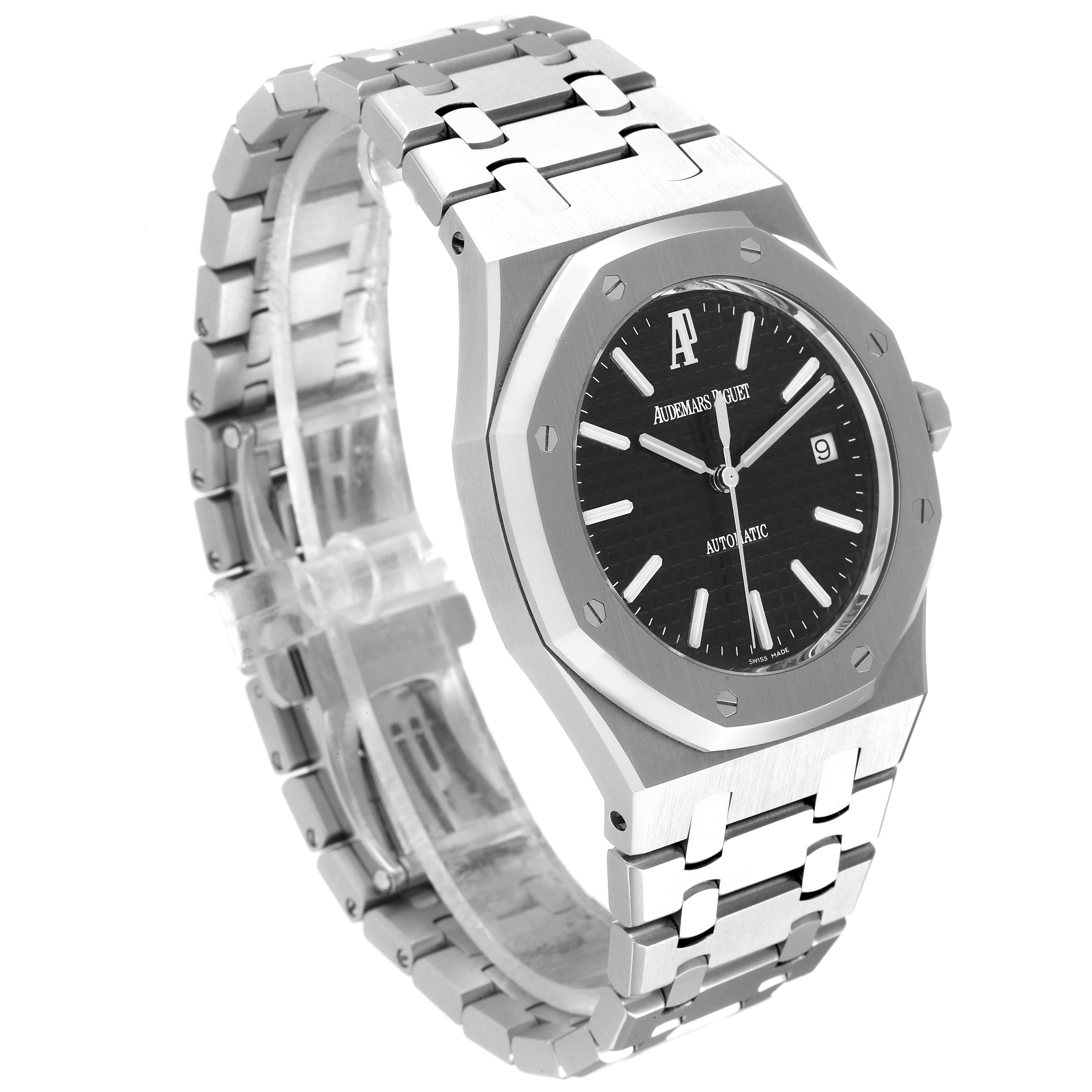 The image shows a side angle view of a Royal Oak watch by Audemars Piguet, highlighting its octagonal bezel and metal bracelet.