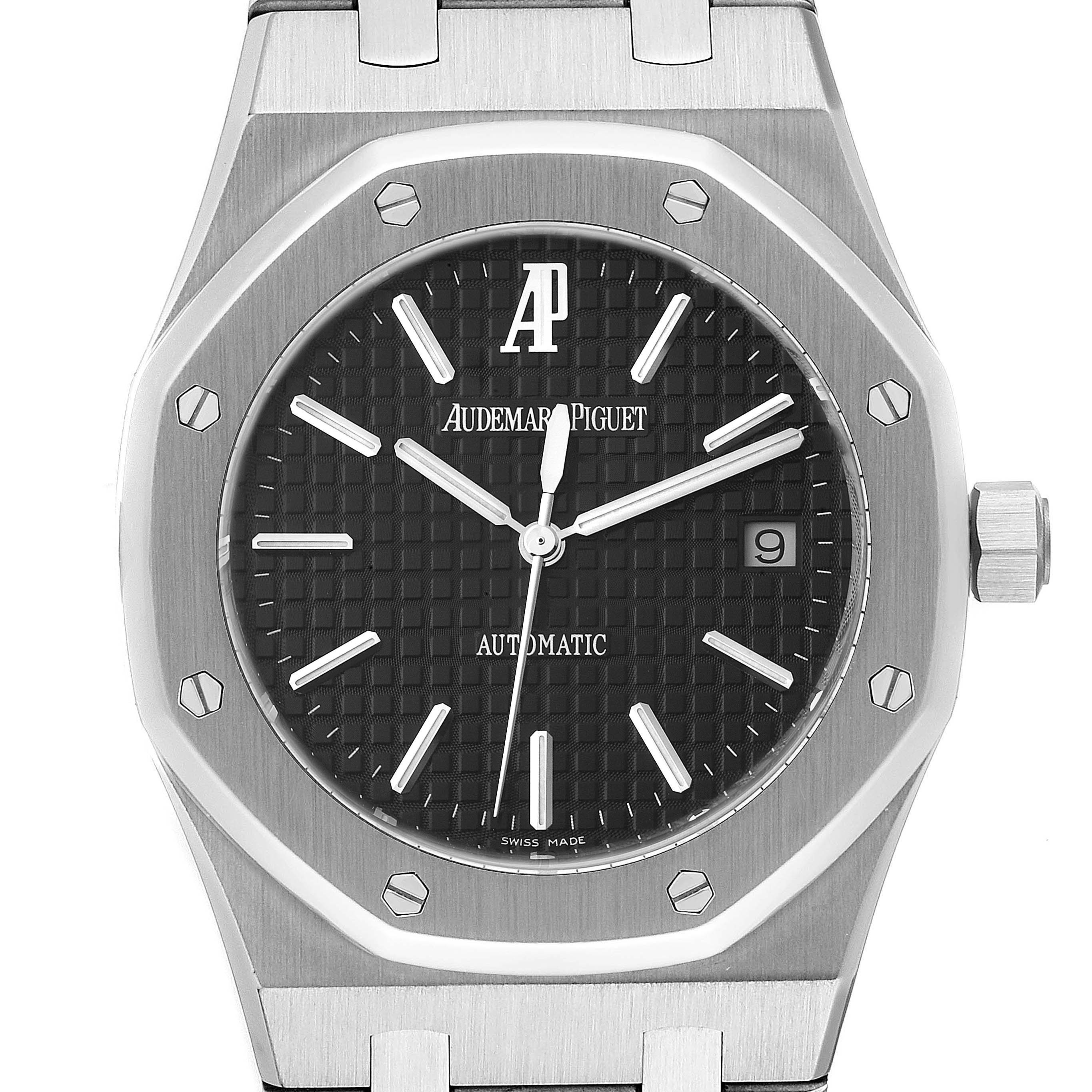 The image shows a front view of an Audemars Piguet Royal Oak 15300ST.OO.1220ST.03 Men
s Stainless Steel Black Dial 15300ST.OO.1220ST.03 Men
s Stainless Steel Black Dial watch, highlighting its black dial, octagonal bezel, and date window.