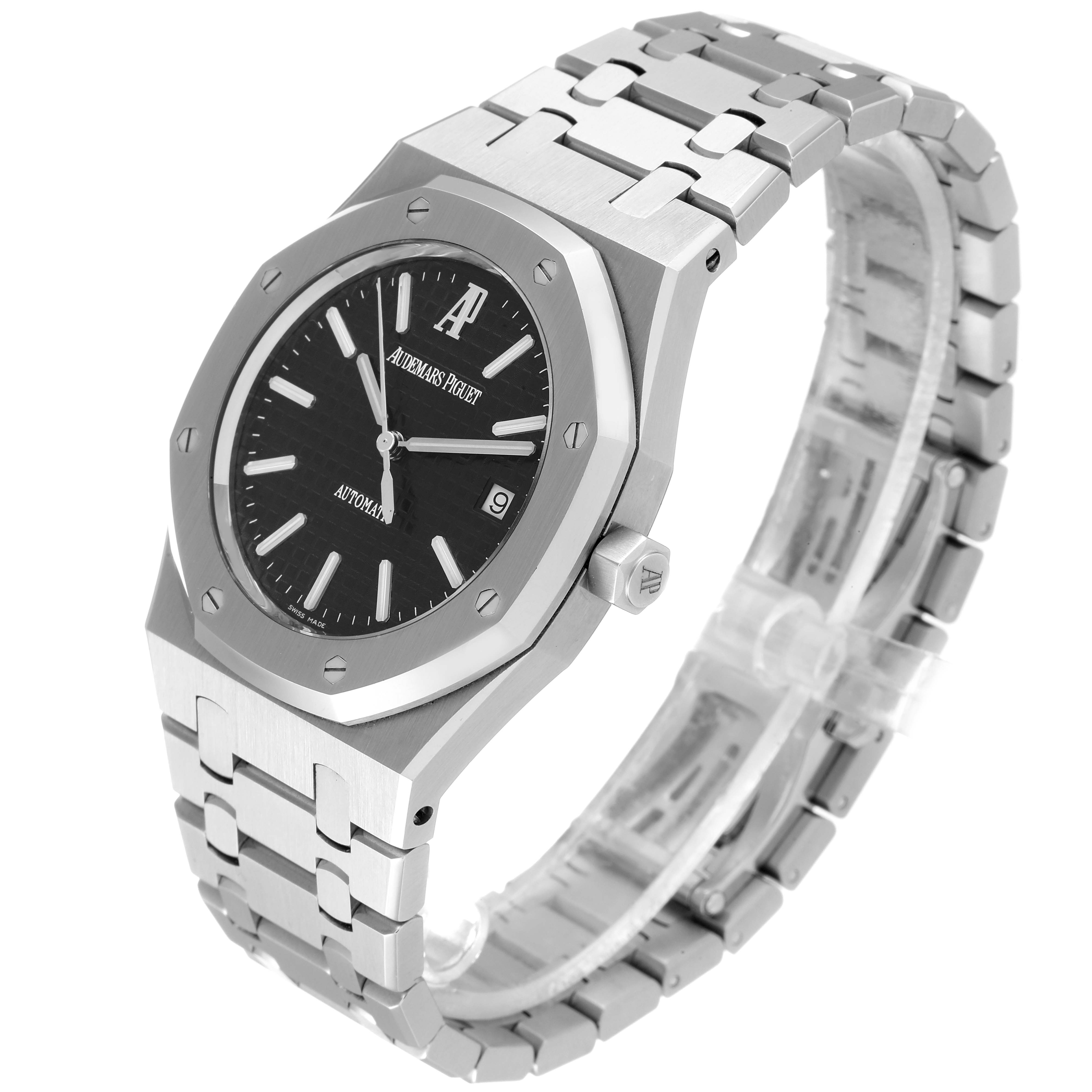 The image shows the Audemars Piguet Royal Oak 15300ST.OO.1220ST.03 Men
s Stainless Steel Black Dial 15300ST.OO.1220ST.03 Men
s Stainless Steel Black Dial watch at a diagonal angle, revealing the face, bezel, and bracelet.