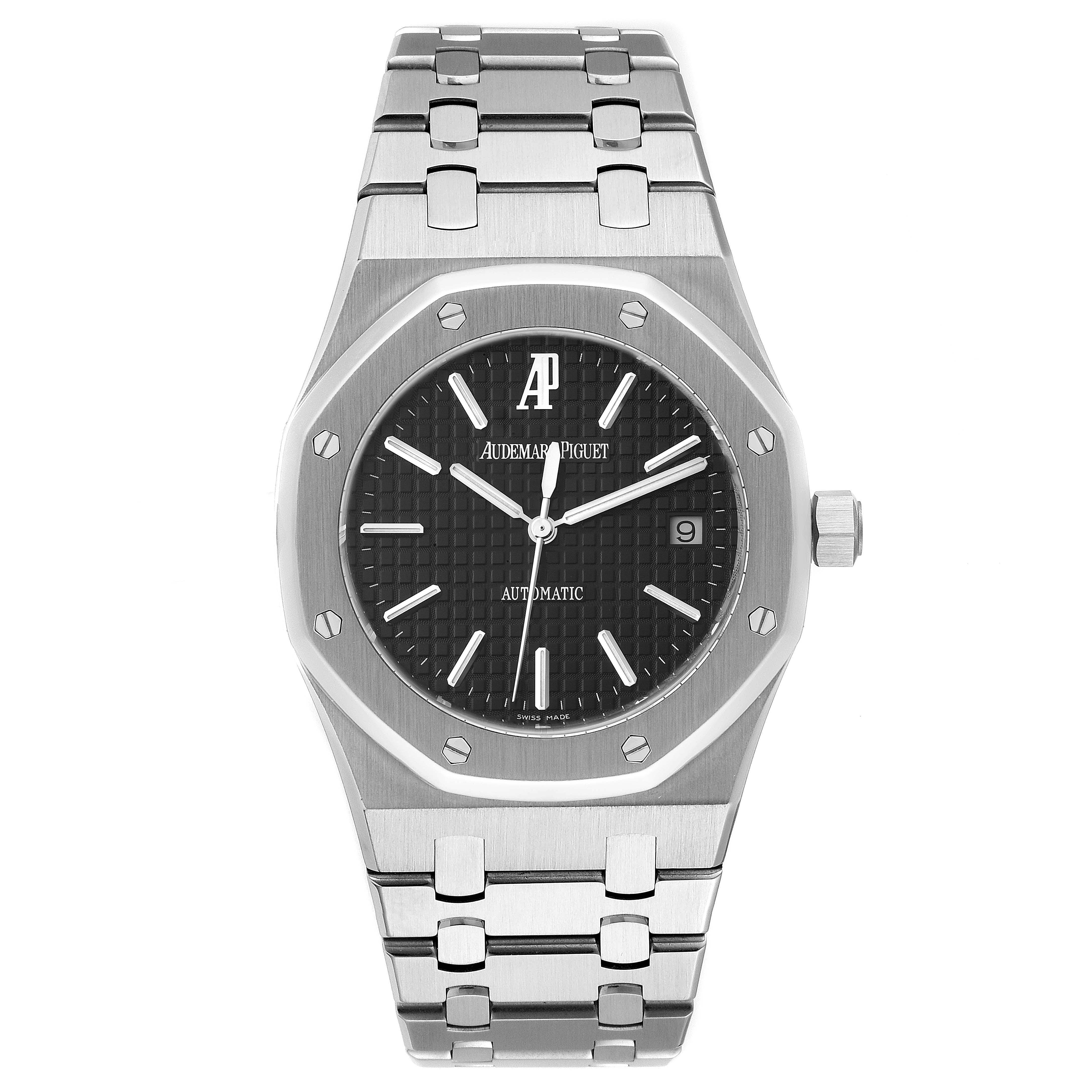 The image shows a front view of the Audemars Piguet Royal Oak 15300ST.OO.1220ST.03 Men
s Stainless Steel Black Dial 15300ST.OO.1220ST.03 Men
s Stainless Steel Black Dial watch with its stainless steel bracelet and black dial.