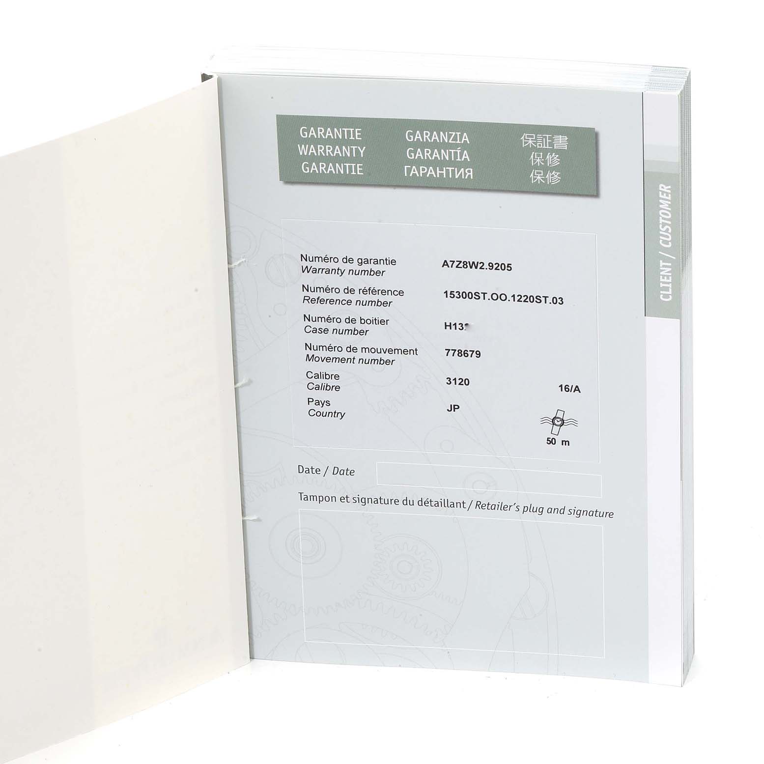 This is an angled view of a warranty booklet for the Audemars Piguet Royal Oak 15300ST.OO.1220ST.03 Men
s Stainless Steel Black Dial 15300ST.OO.1220ST.03 Men
s Stainless Steel Black Dial model watch.