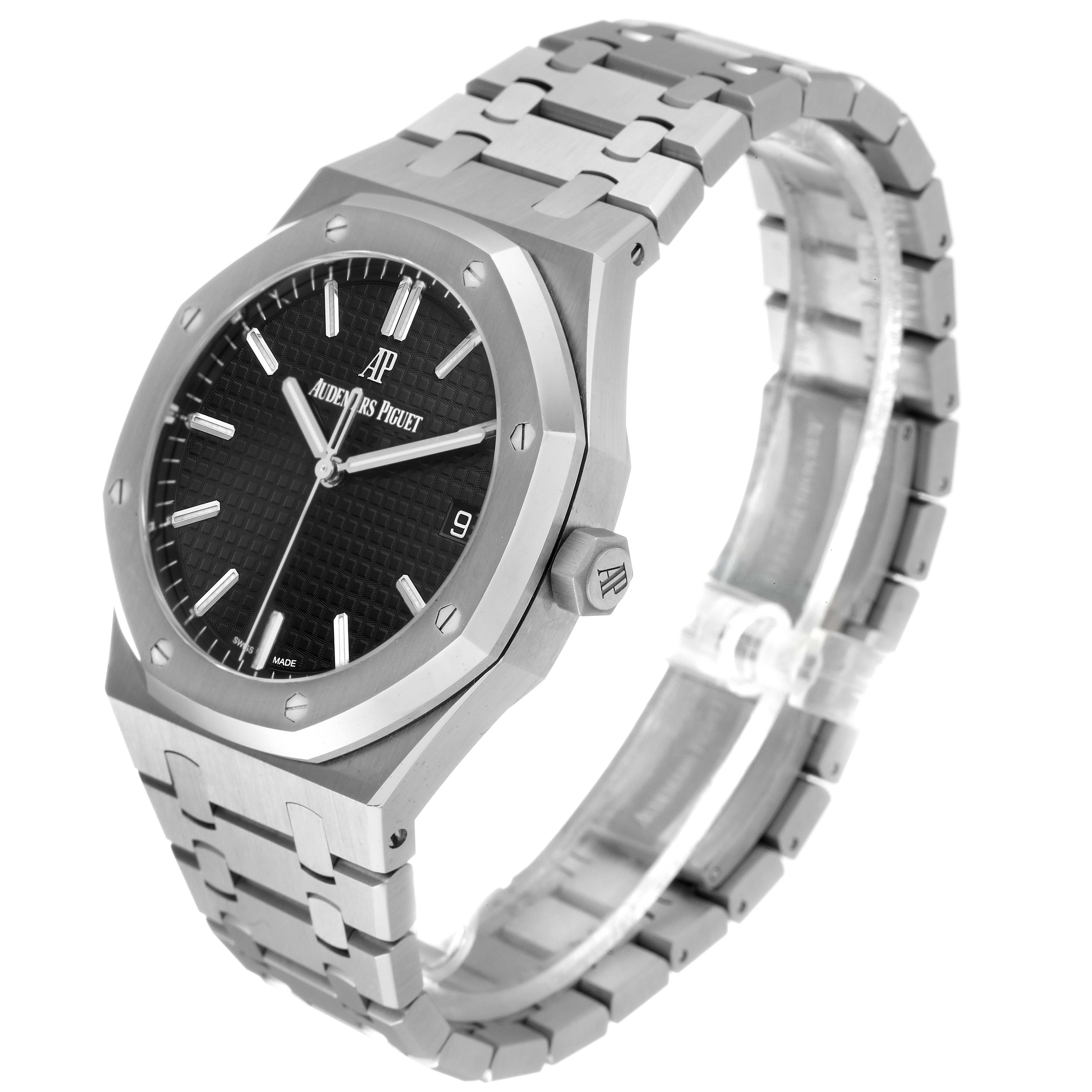 The Audemars Piguet Royal Oak 15500ST.OO.1220ST.03 Men's Stainless Steel Black Dial 15500ST.OO.1220ST.03 Men's Stainless Steel Black Dial watch is shown from an angled side view, displaying the face, bezel, crown, and bracelet.