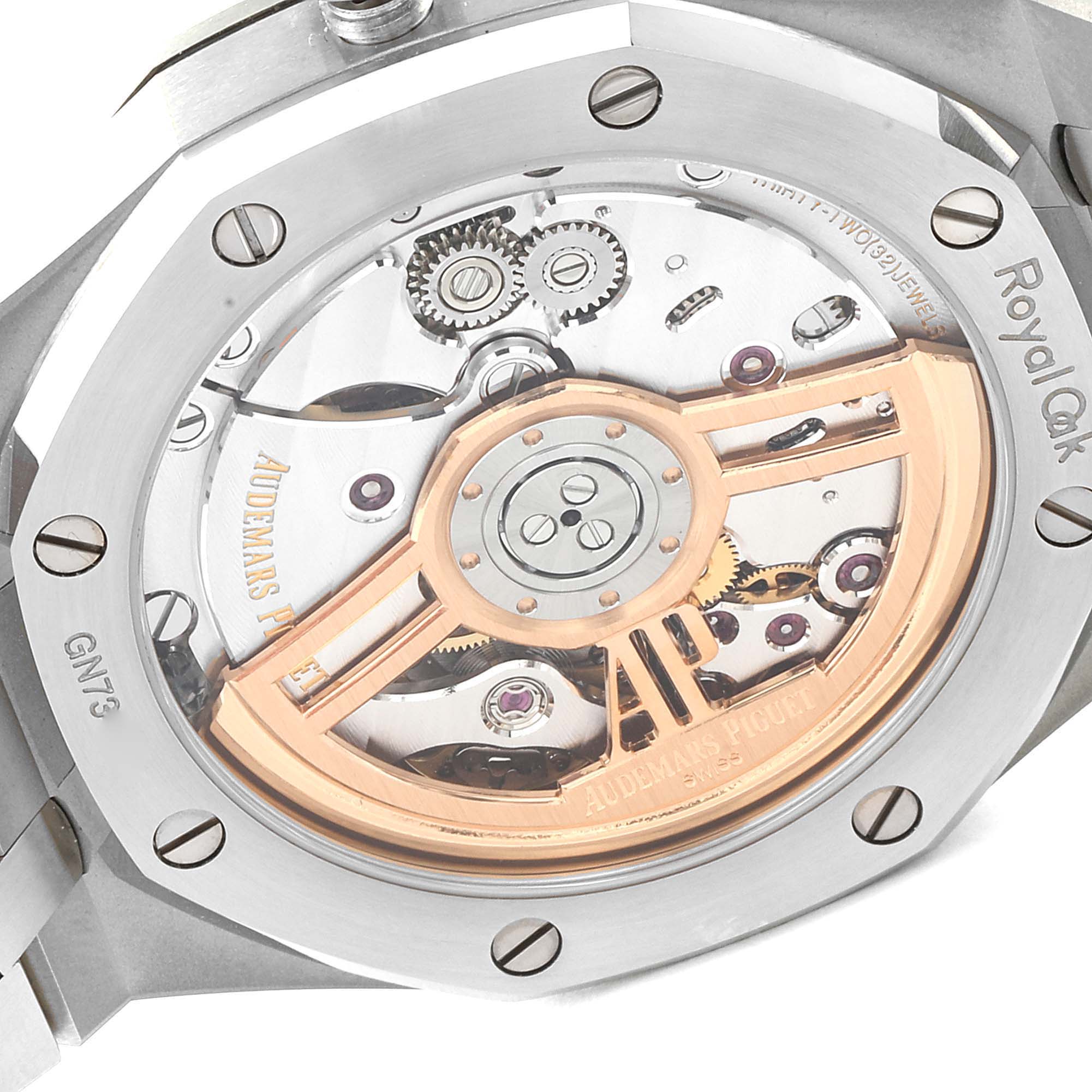 This image shows the back of an Audemars Piguet Royal Oak 15500ST.OO.1220ST.03 Men's Stainless Steel Black Dial 15500ST.OO.1220ST.03 Men's Stainless Steel Black Dial watch, highlighting its movement and rotor.