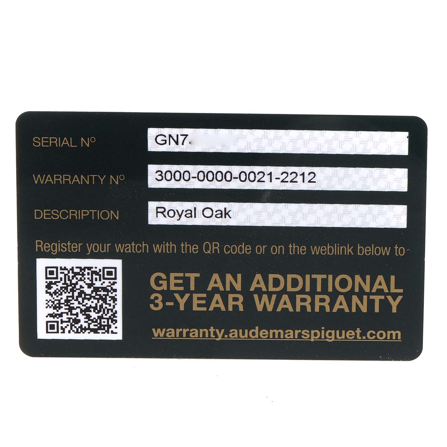 The image shows a warranty card for the Audemars Piguet Royal Oak 15500ST.OO.1220ST.03 Men's Stainless Steel Black Dial 15500ST.OO.1220ST.03 Men's Stainless Steel Black Dial model, including the serial number, warranty number, and description.