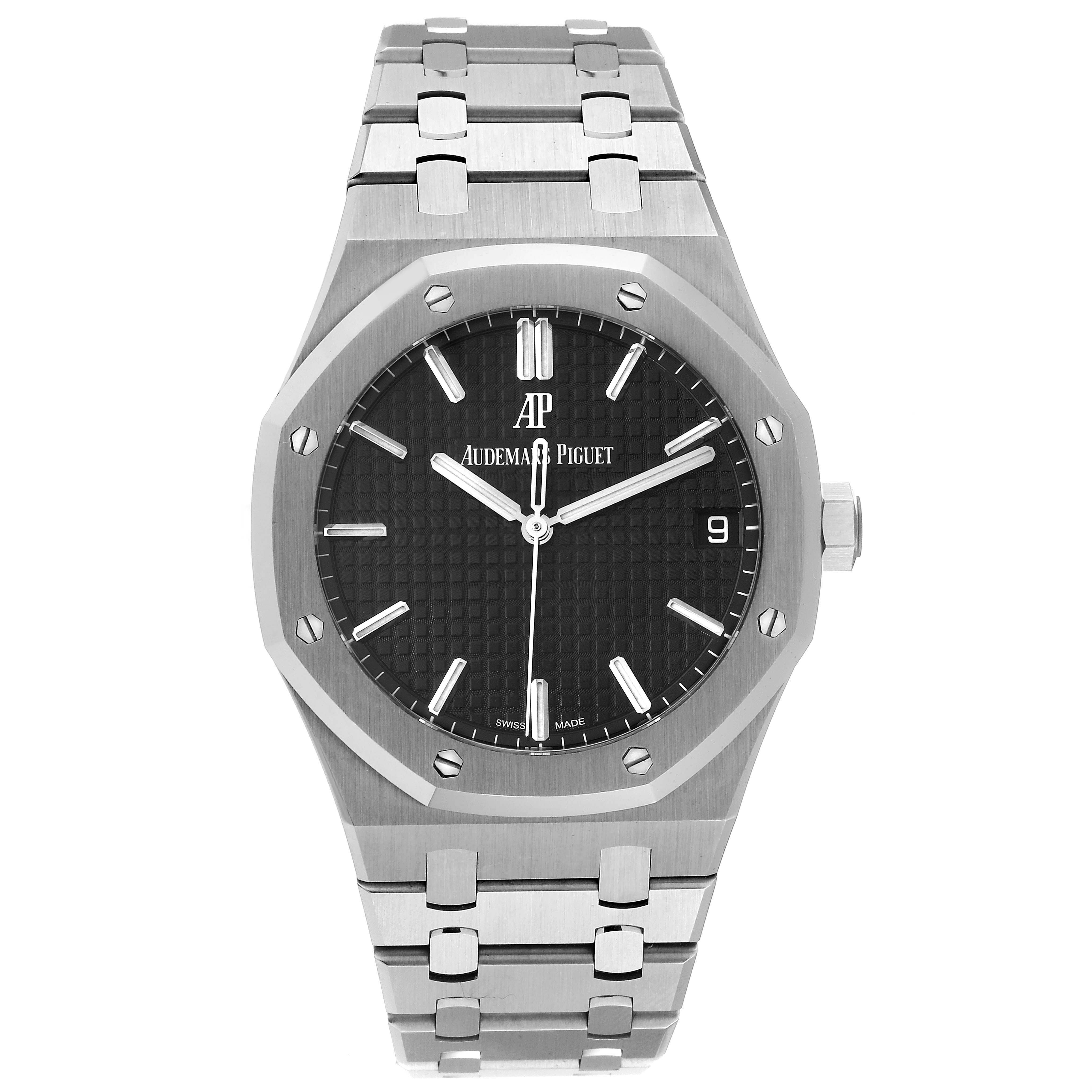 The image shows a front view of the Audemars Piguet Royal Oak 15500ST.OO.1220ST.03 Men's Stainless Steel Black Dial 15500ST.OO.1220ST.03 Men's Stainless Steel Black Dial watch, featuring its bracelet, case, and dial.