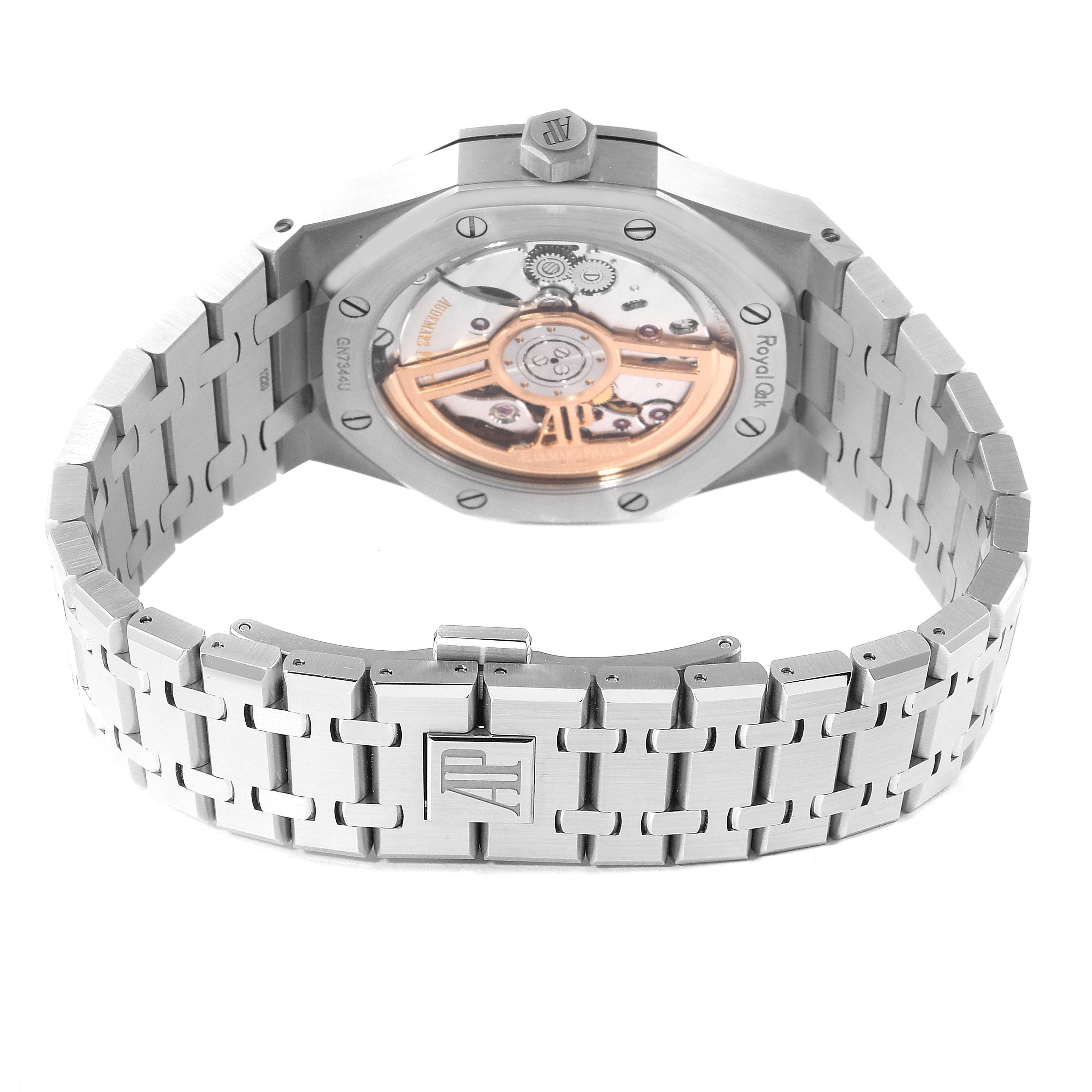 This image shows the back case and bracelet of an Audemars Piguet Royal Oak 15500ST.OO.1220ST.03 Men's Stainless Steel Black Dial 15500ST.OO.1220ST.03 Men's Stainless Steel Black Dial watch, highlighting the visible movement and clasp.