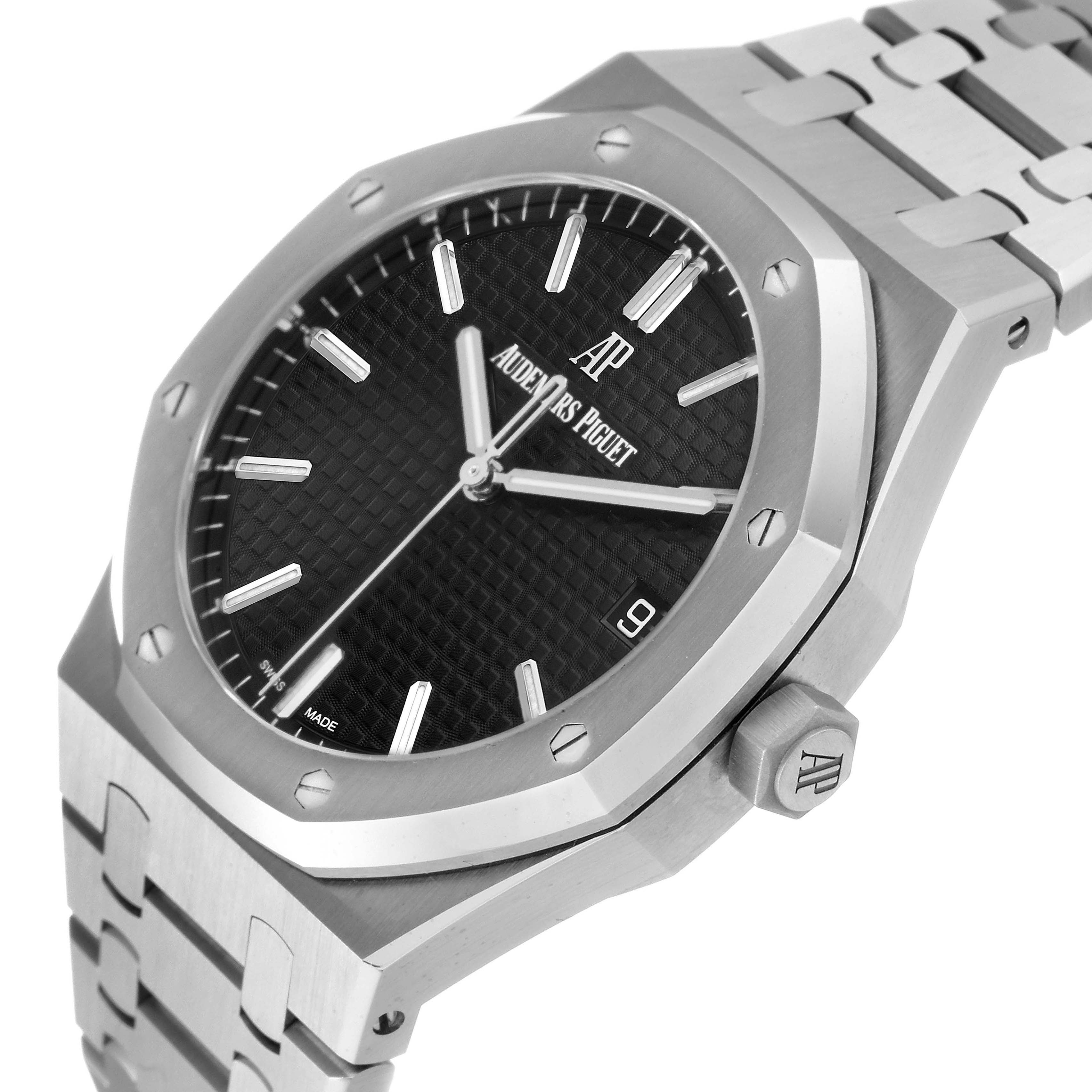 This image shows a close-up angle of the Audemars Piguet Royal Oak 15500ST.OO.1220ST.03 Men's Stainless Steel Black Dial 15500ST.OO.1220ST.03 Men's Stainless Steel Black Dial watch, highlighting its face, crown, and bracelet.