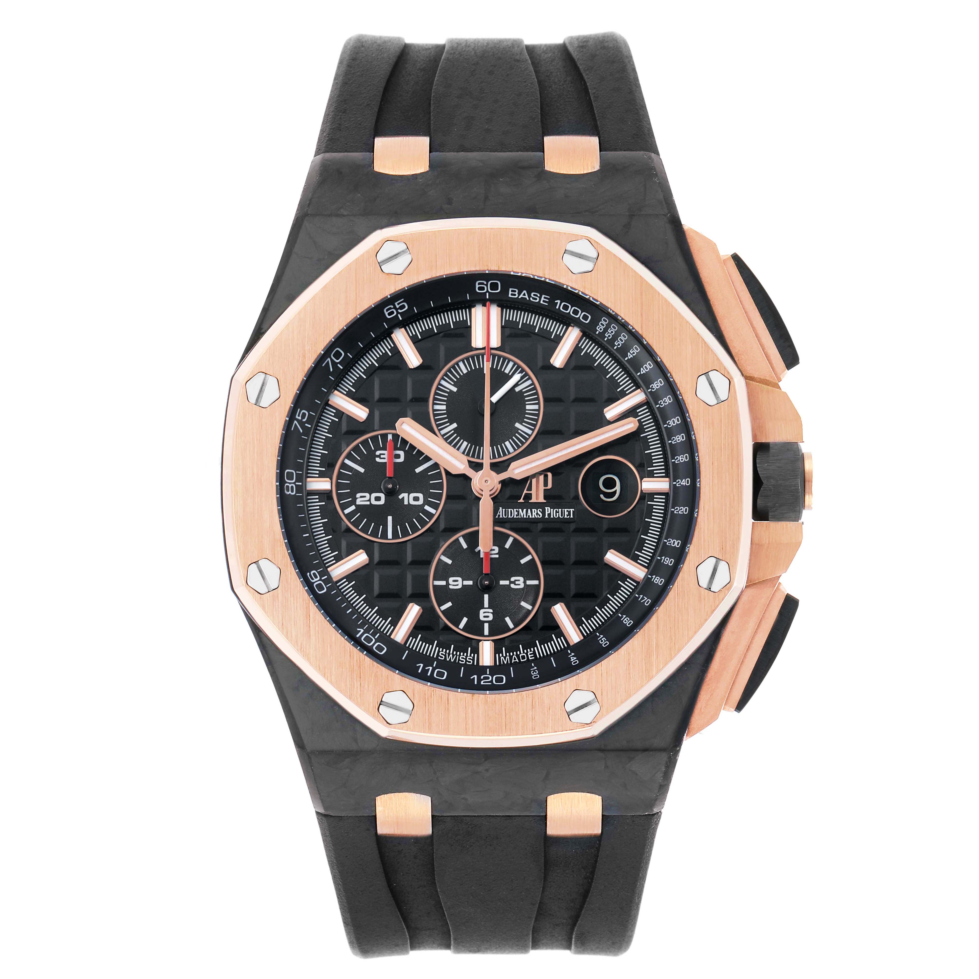 The image shows a front view of the Audemars Piguet Royal Oak Offshore 26406FR Men's Rose Gold Black Dial watch, highlighting its dial, bezel, and strap.