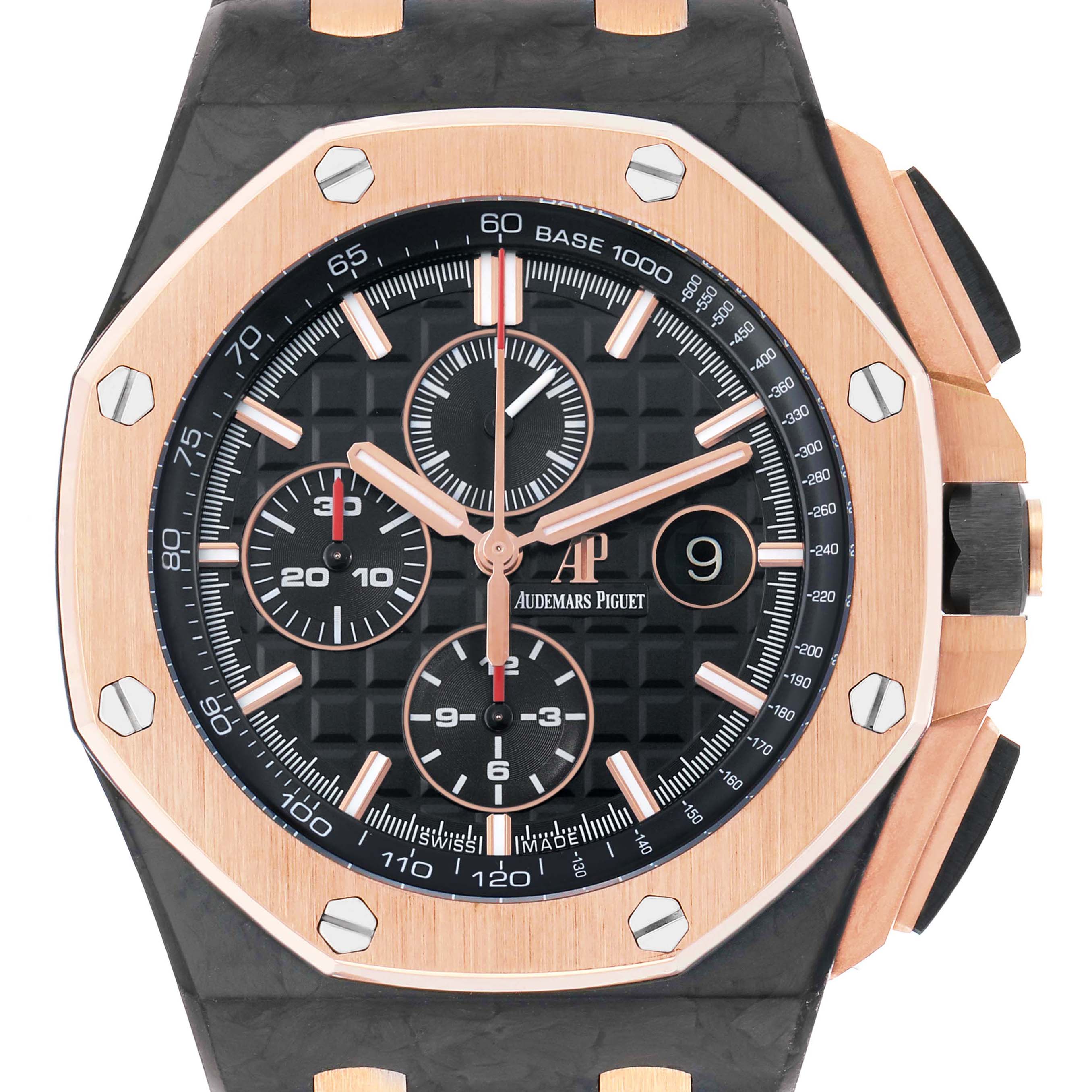 The image shows a front view of the Audemars Piguet Royal Oak Offshore 26406FR Men's Rose Gold Black Dial, highlighting the dial, bezel, and pushers.