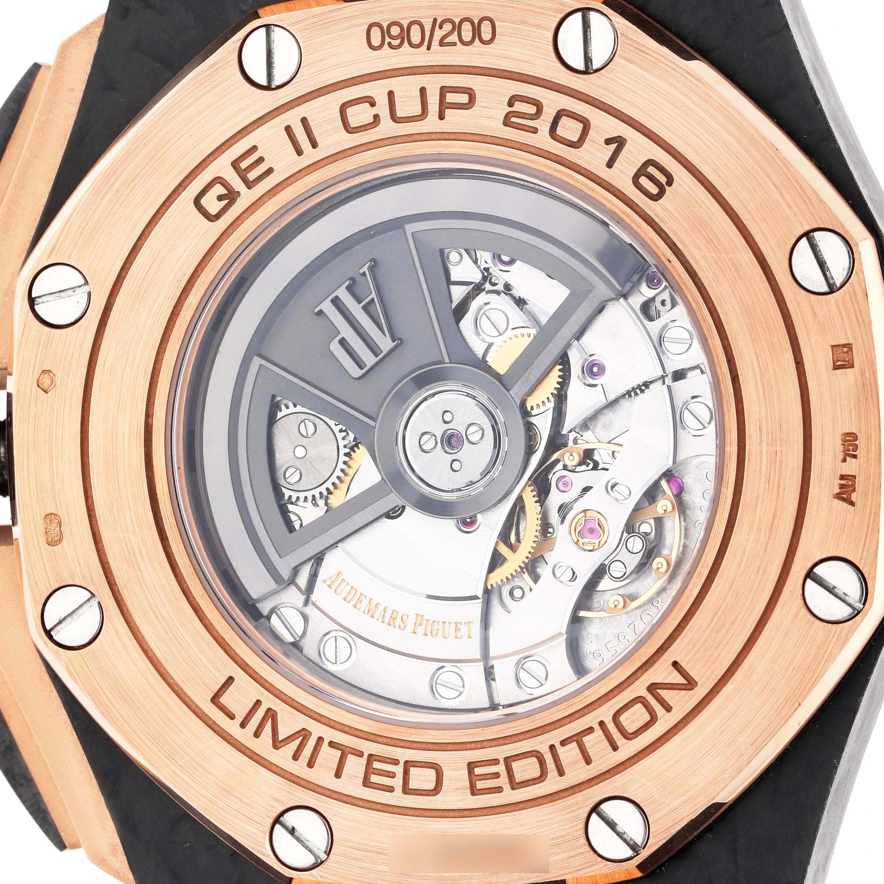 The image shows the back of an Audemars Piguet Royal Oak Offshore 26406FR Men's Rose Gold Black Dial, displaying its movement through a transparent case back.