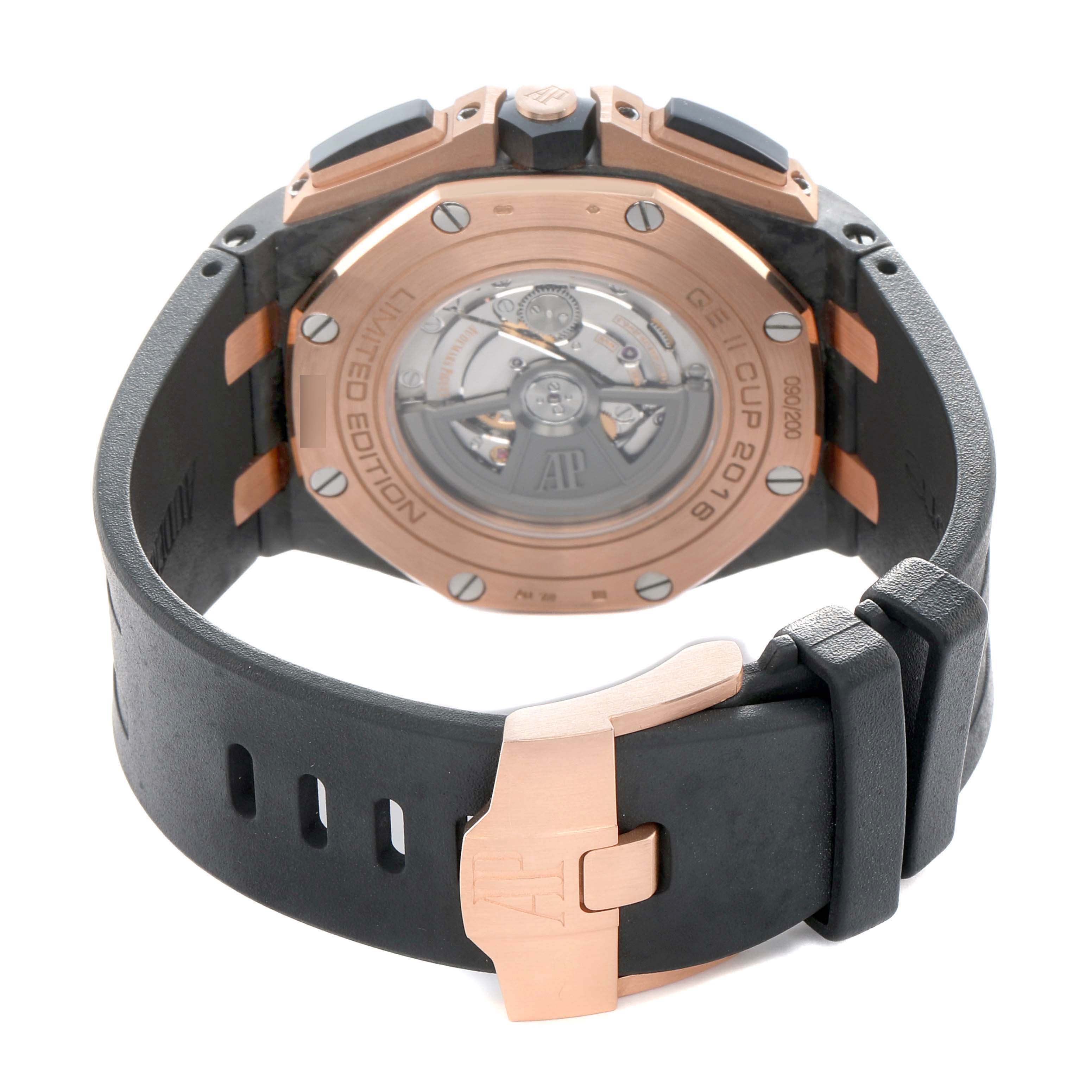 The image shows the back and clasp of a Royal Oak Offshore by Audemars Piguet, displaying its movement and strap details.