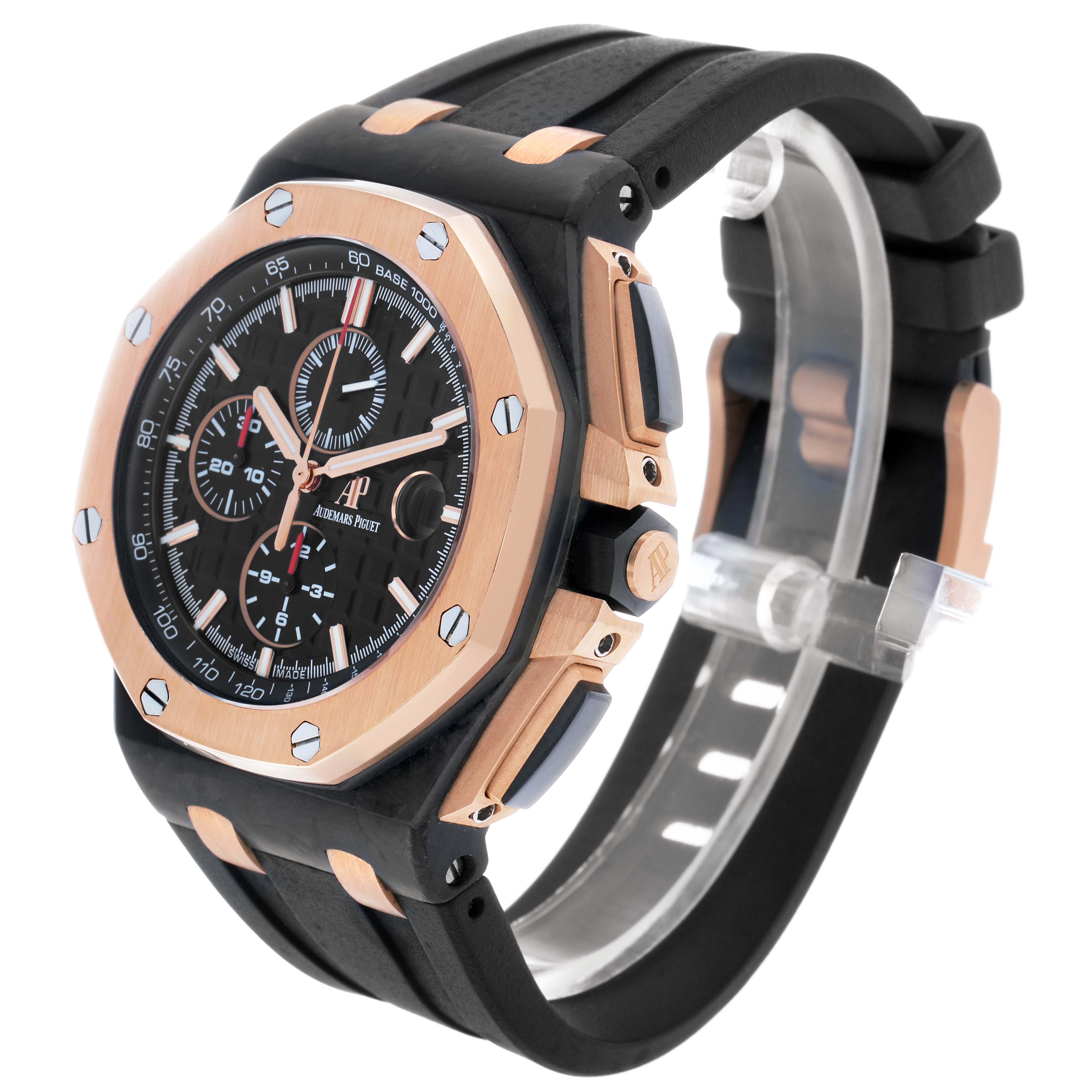 The Audemars Piguet Royal Oak Offshore 26406FR Men's Rose Gold Black Dial watch is shown at a slight angle, highlighting the case, bezel, and strap.