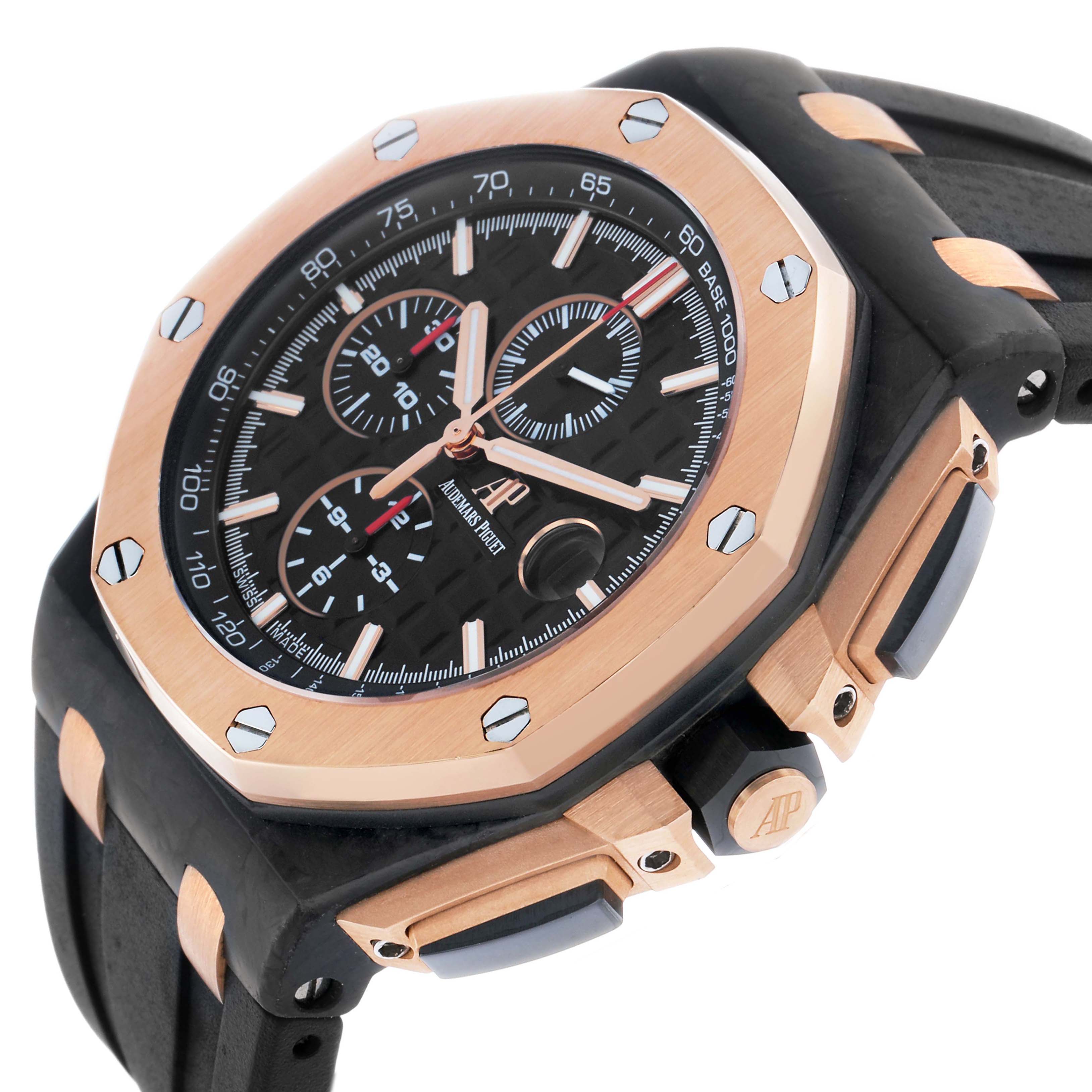 The image shows the Audemars Piguet Royal Oak Offshore 26406FR Men's Rose Gold Black Dial watch at an angled view, highlighting the bezel, dial, pushers, and strap.