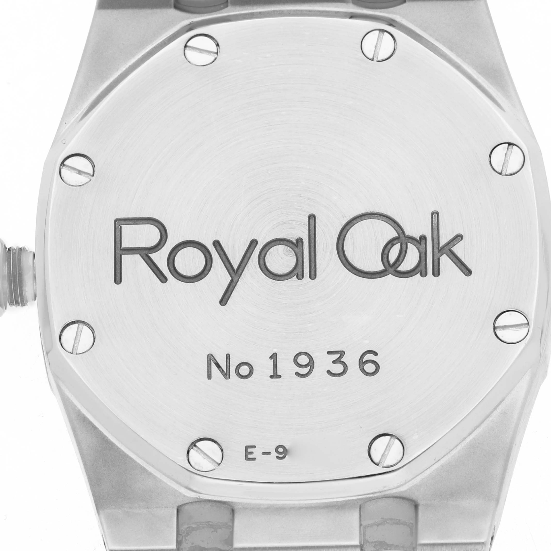 The image shows the back of the Audemars Piguet Royal Oak 15000ST Men
s Stainless Steel Blue Dial watch, displaying the model name and number.