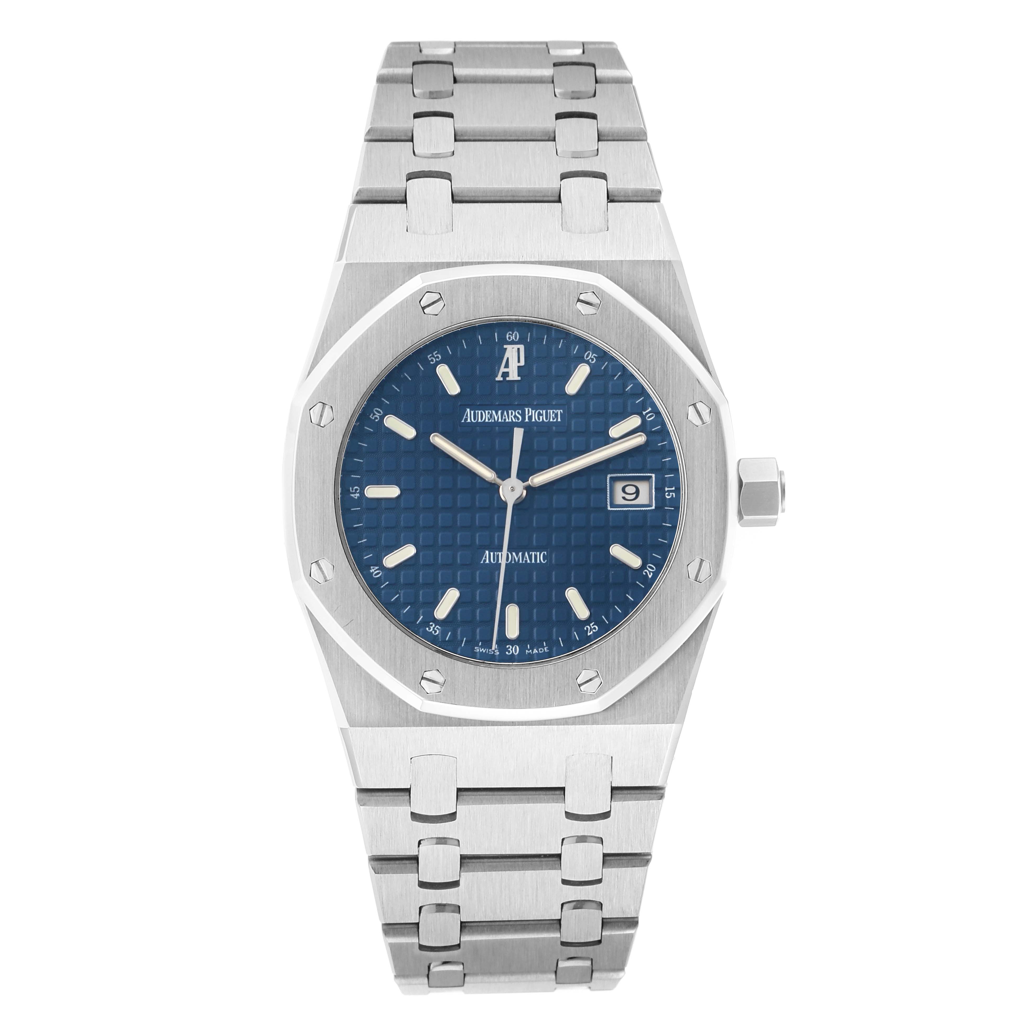 The Audemars Piguet Royal Oak 15000ST Men
s Stainless Steel Blue Dial watch is shown from a front angle, displaying the dial, bezel, crown, and bracelet.