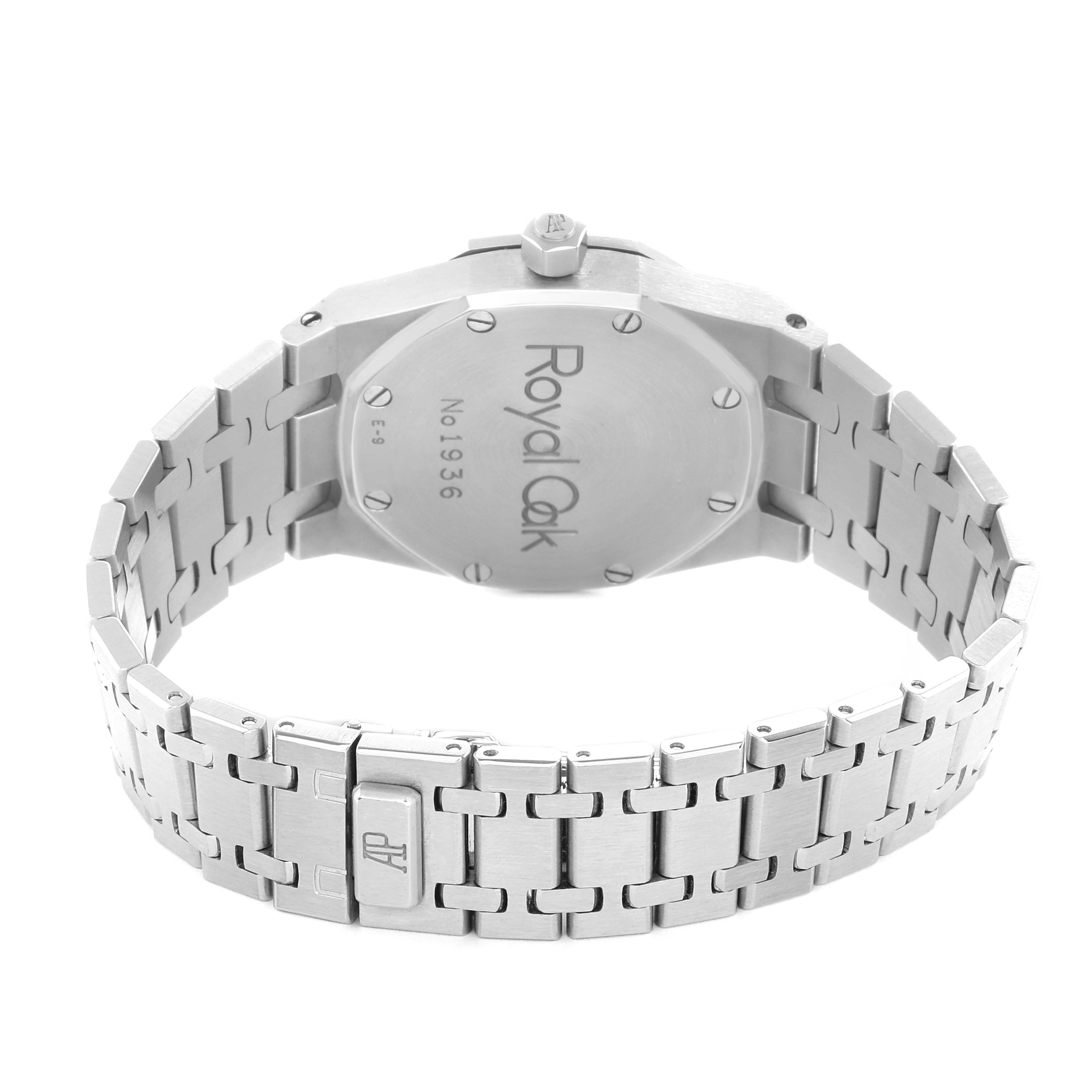 The image shows the back case and bracelet of the Audemars Piguet Royal Oak 15000ST Men
s Stainless Steel Blue Dial, featuring the engraved back and deployment clasp.