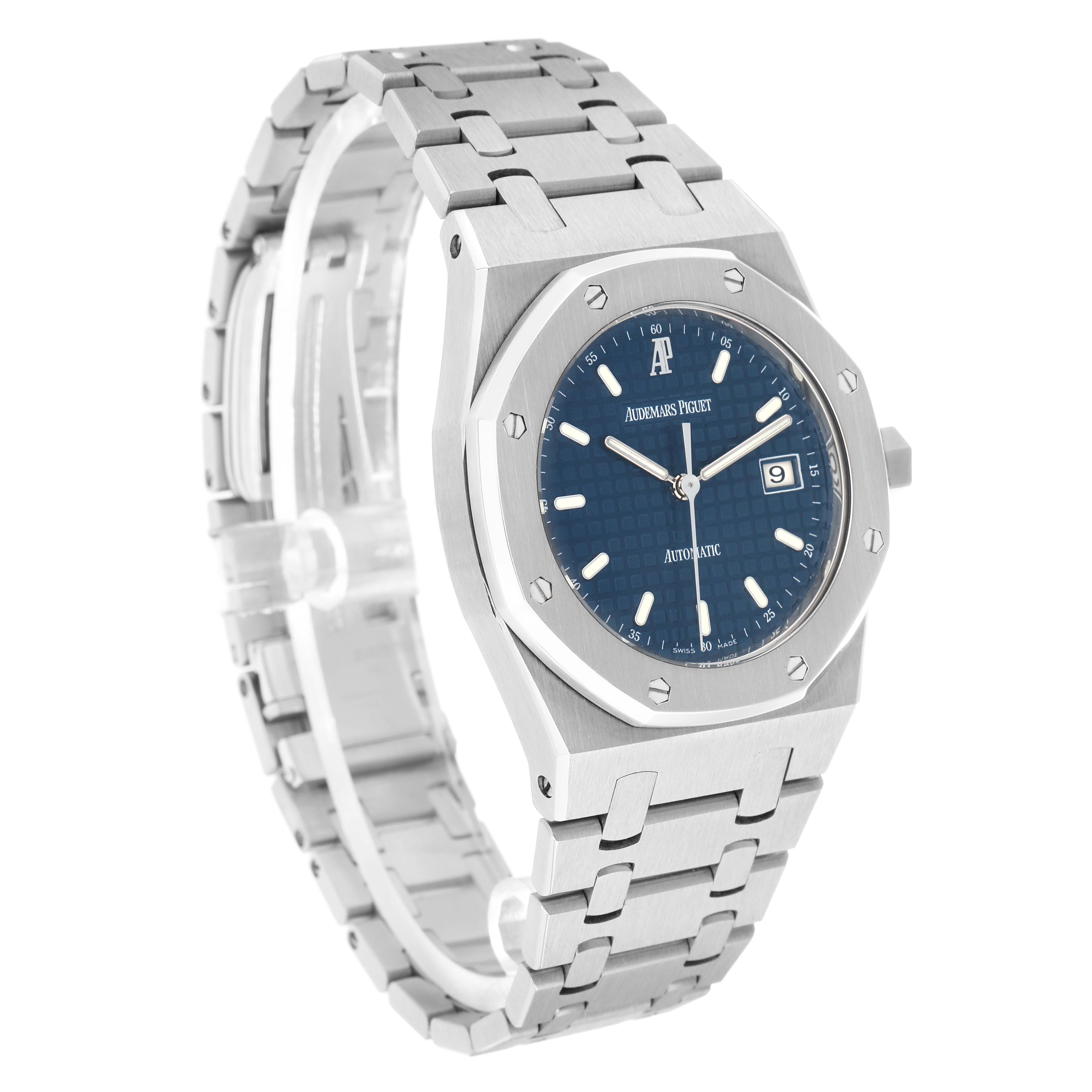 The Audemars Piguet Royal Oak 15000ST Men
s Stainless Steel Blue Dial watch is shown at a three-quarter angle, displaying the blue dial, octagonal bezel, and metal bracelet.
