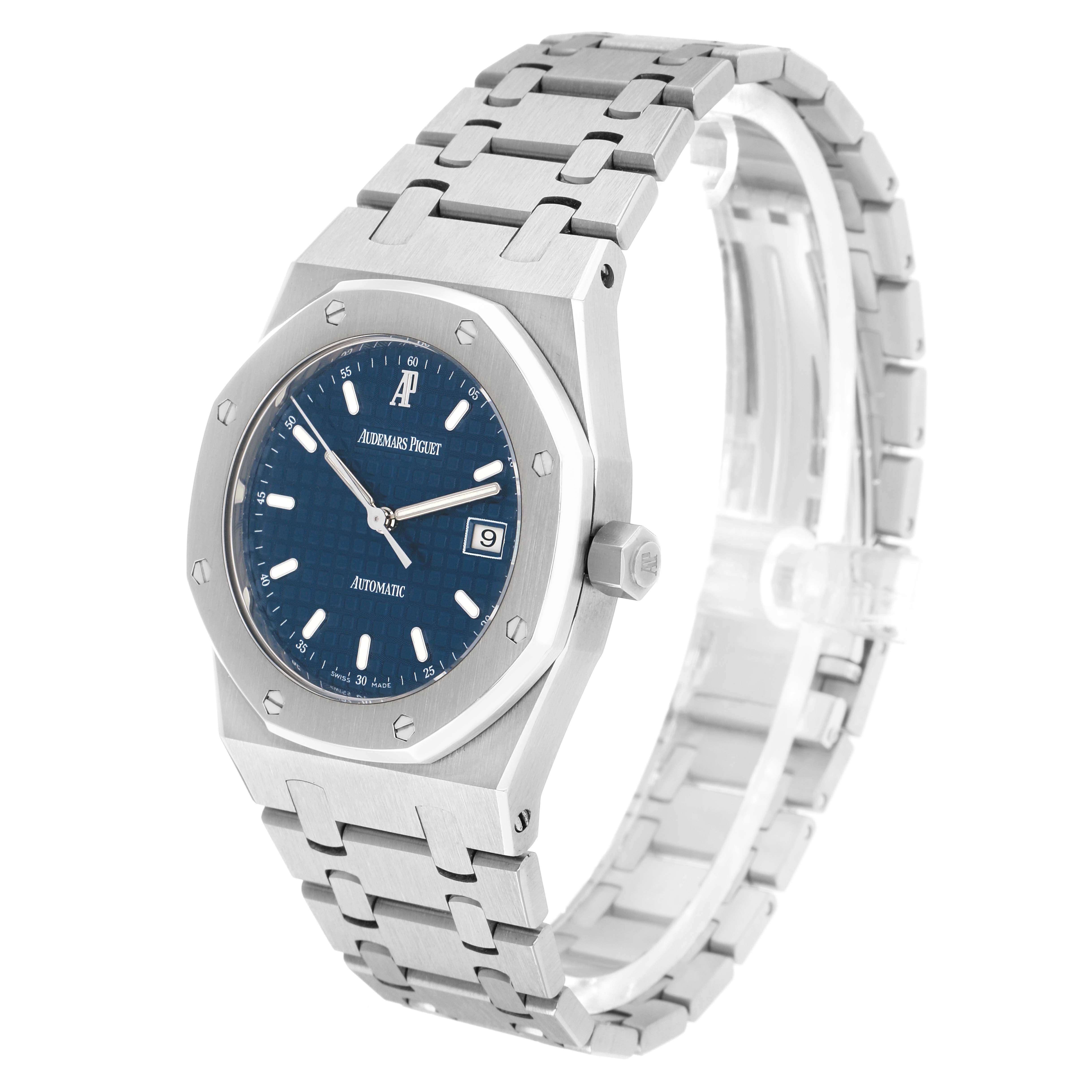 The Royal Oak by Audemars Piguet is shown at a slight side angle, highlighting the face, bezel, and bracelet.