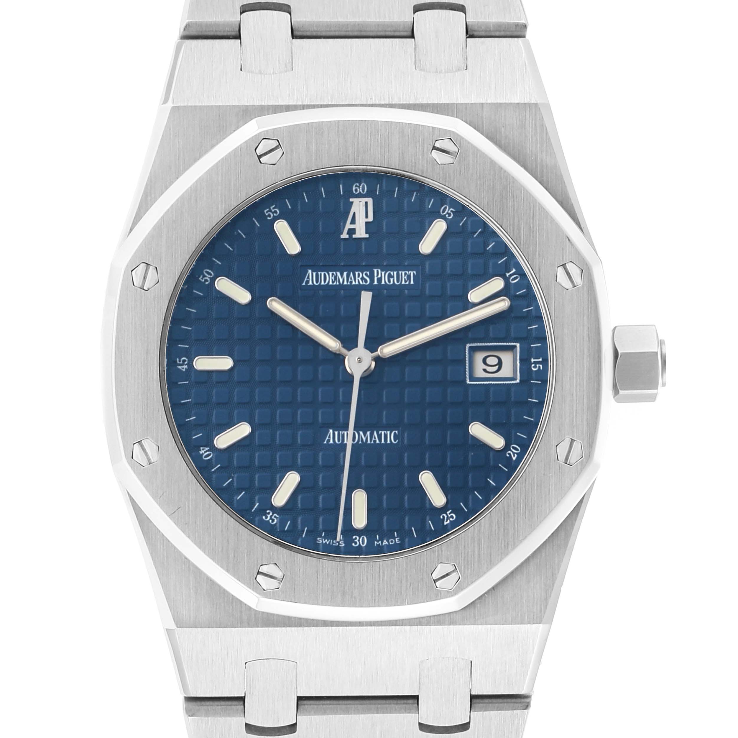 The Audemars Piguet Royal Oak 15000ST Men
s Stainless Steel Blue Dial watch is shown from a top-down angle, highlighting its blue dial, octagonal bezel, and bracelet links.
