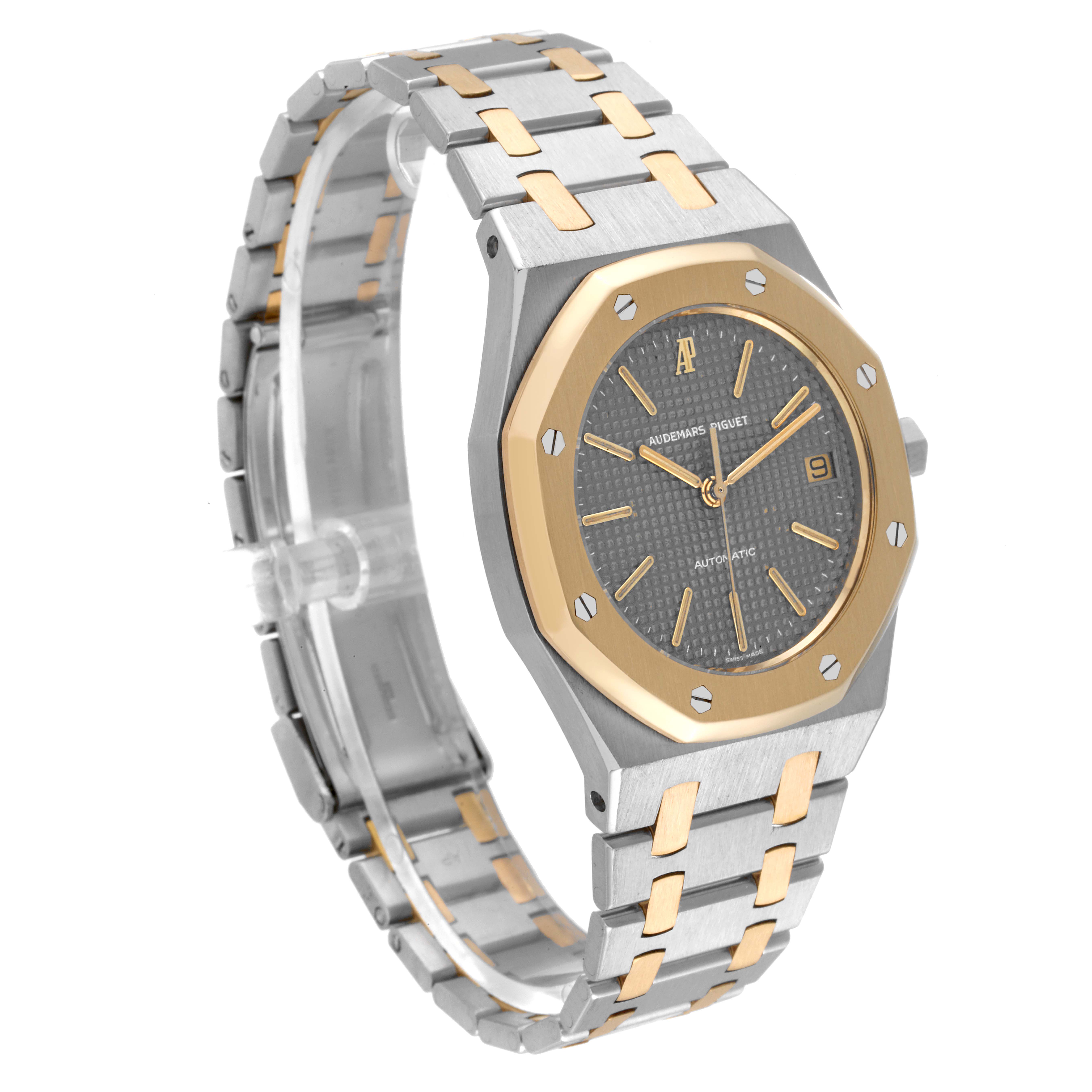 This image displays the front and side of the Audemars Piguet Royal Oak 14100SA Men's Steel and Gold (two tone) Grey Dial 14100SA Men's Steel and Gold (two tone) Grey Dial watch, highlighting the bracelet and bezel.
