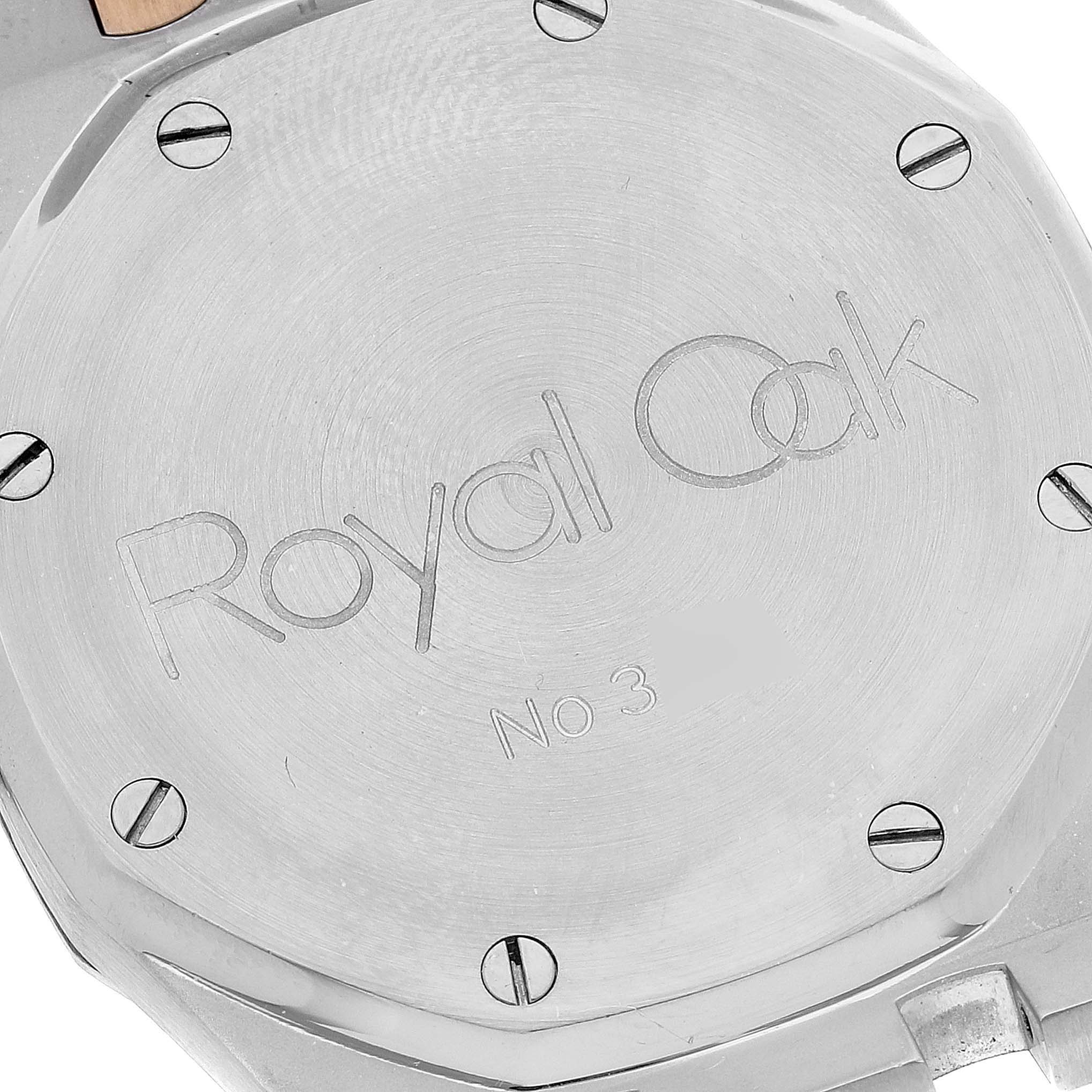 This image shows the back case of a Royal Oak model watch by Audemars Piguet, viewed straight on.