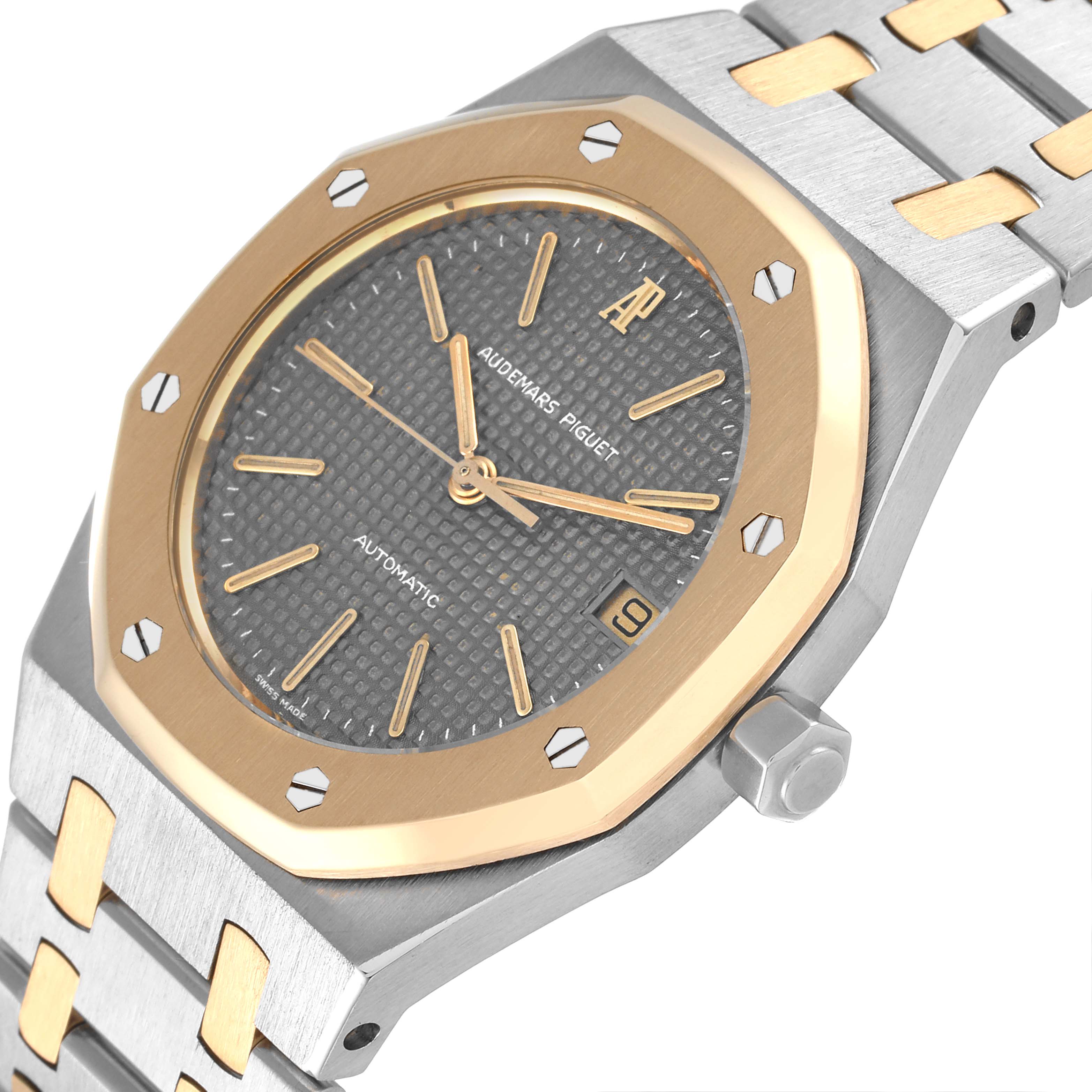 This image shows the dial, bezel, and part of the bracelet of a Royal Oak model by Audemars Piguet from an angled top view.