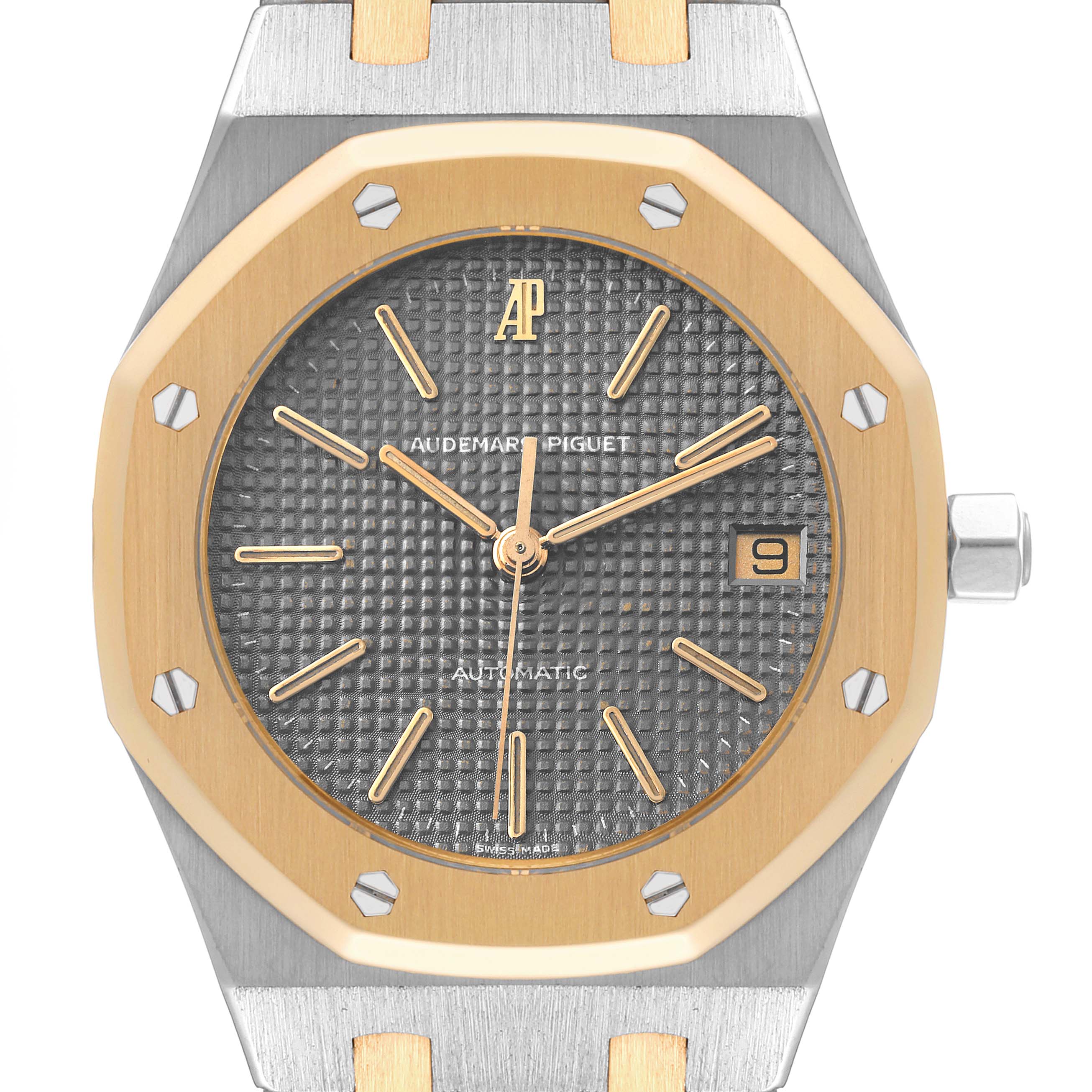 The image shows a direct front view of a Royal Oak model by Audemars Piguet, focusing on the dial, bezel, and part of the bracelet.
