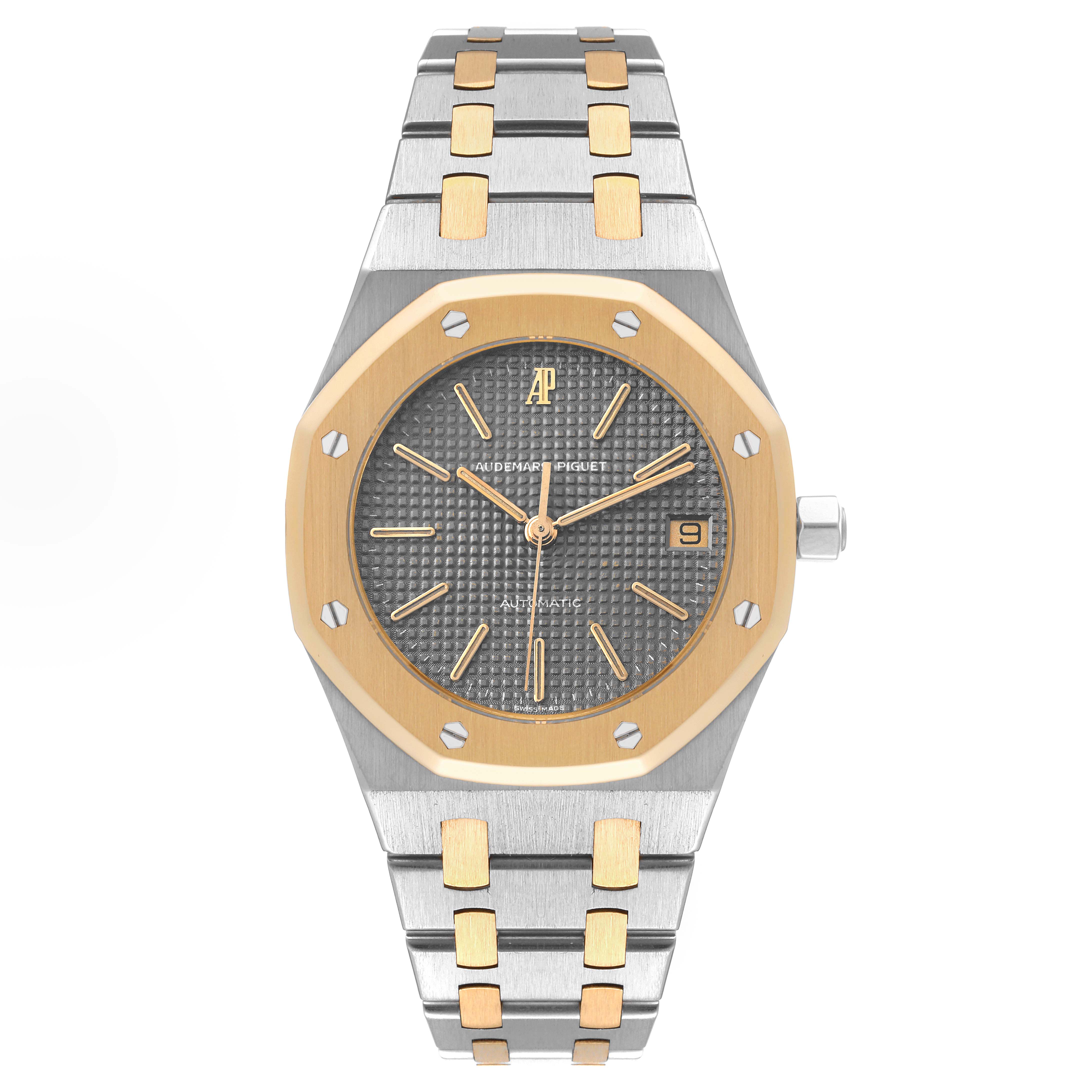 This image shows a front view of the Audemars Piguet Royal Oak 14100SA Men's Steel and Gold (two tone) Grey Dial 14100SA Men's Steel and Gold (two tone) Grey Dial watch, including its dial, bezel, and integrated bracelet.