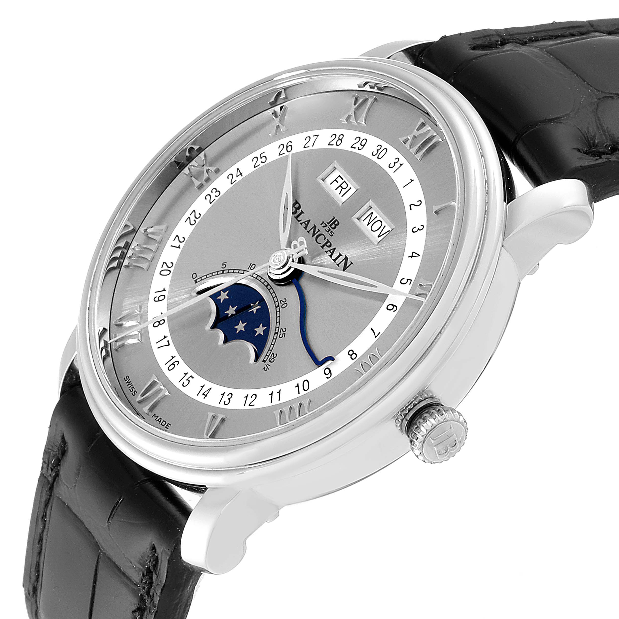 The Blancpain Villeret 6654-1127-55B Men's Stainless Steel Silver Dial 6654-1127-55B Men's Stainless Steel Silver Dial model watch is shown at an angle displaying the dial, moon phase, crown, and part of the leather strap.