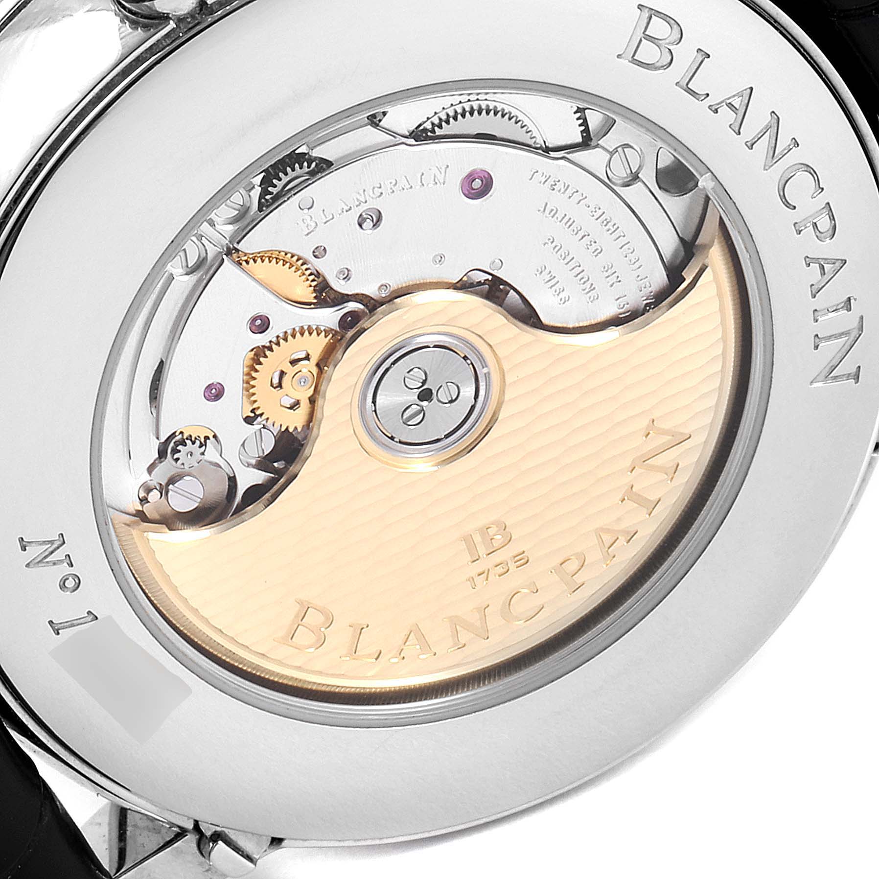 The image shows the back of a Blancpain Villeret 6654-1127-55B Men's Stainless Steel Silver Dial 6654-1127-55B Men's Stainless Steel Silver Dial watch, highlighting its intricate movement and rotor components.