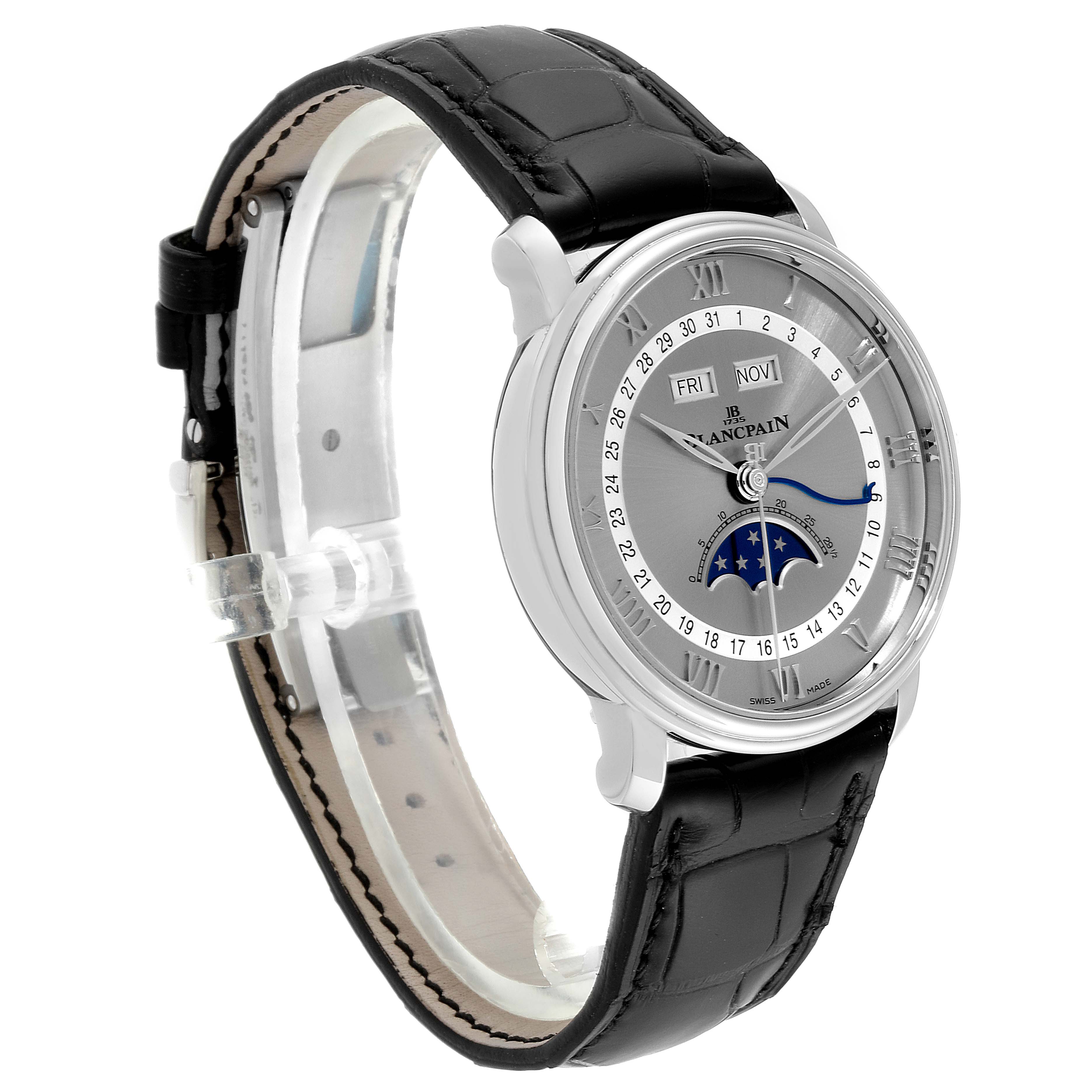 The image shows a side angle view of the Blancpain Villeret 6654-1127-55B Men's Stainless Steel Silver Dial 6654-1127-55B Men's Stainless Steel Silver Dial watch, featuring its black leather strap and detailed face with calendar and moon phase displays.