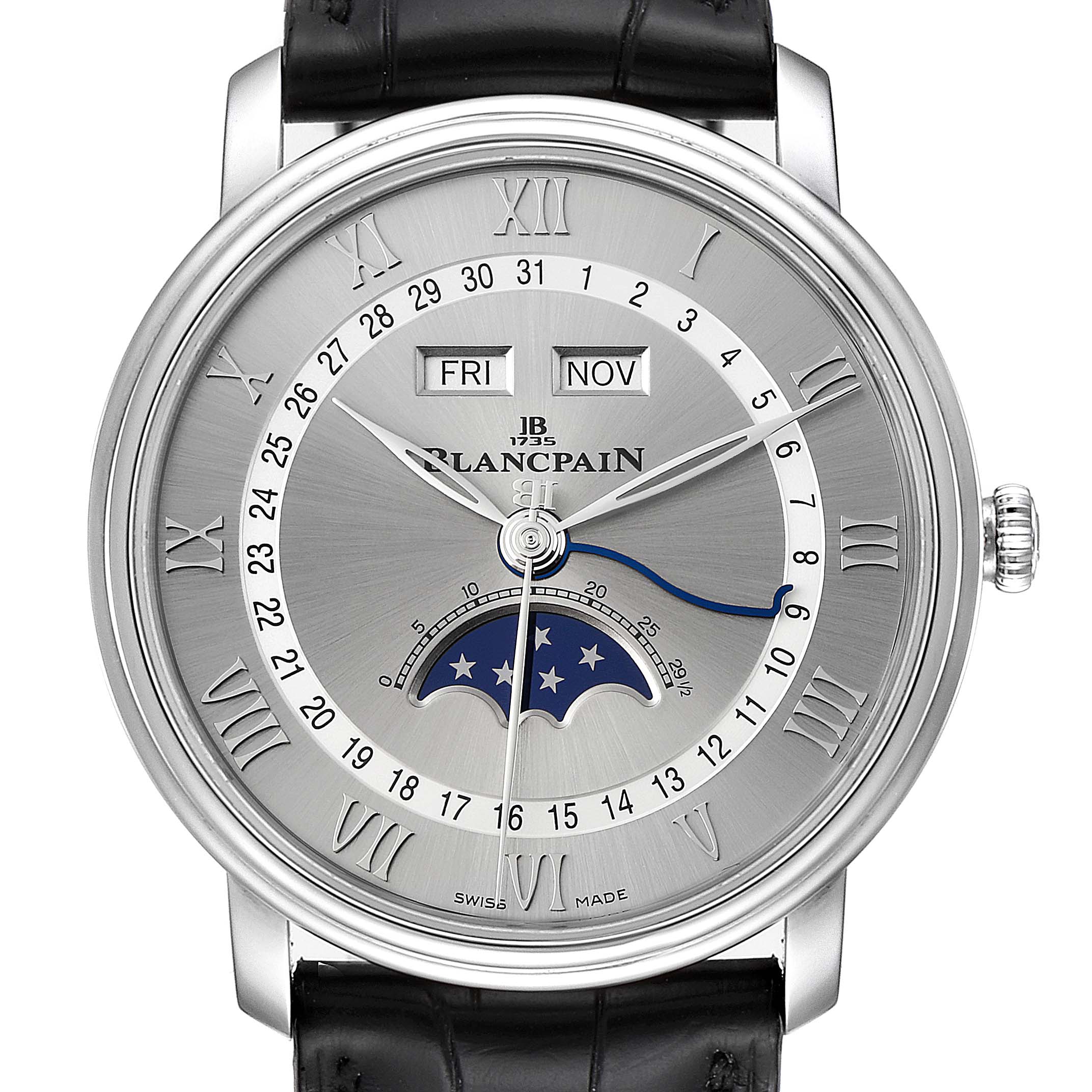 The image shows a close-up, front-facing view of the Blancpain Villeret 6654-1127-55B Men's Stainless Steel Silver Dial 6654-1127-55B Men's Stainless Steel Silver Dial watch displaying the dial, hands, date, day, month, moon phase, and leather strap.