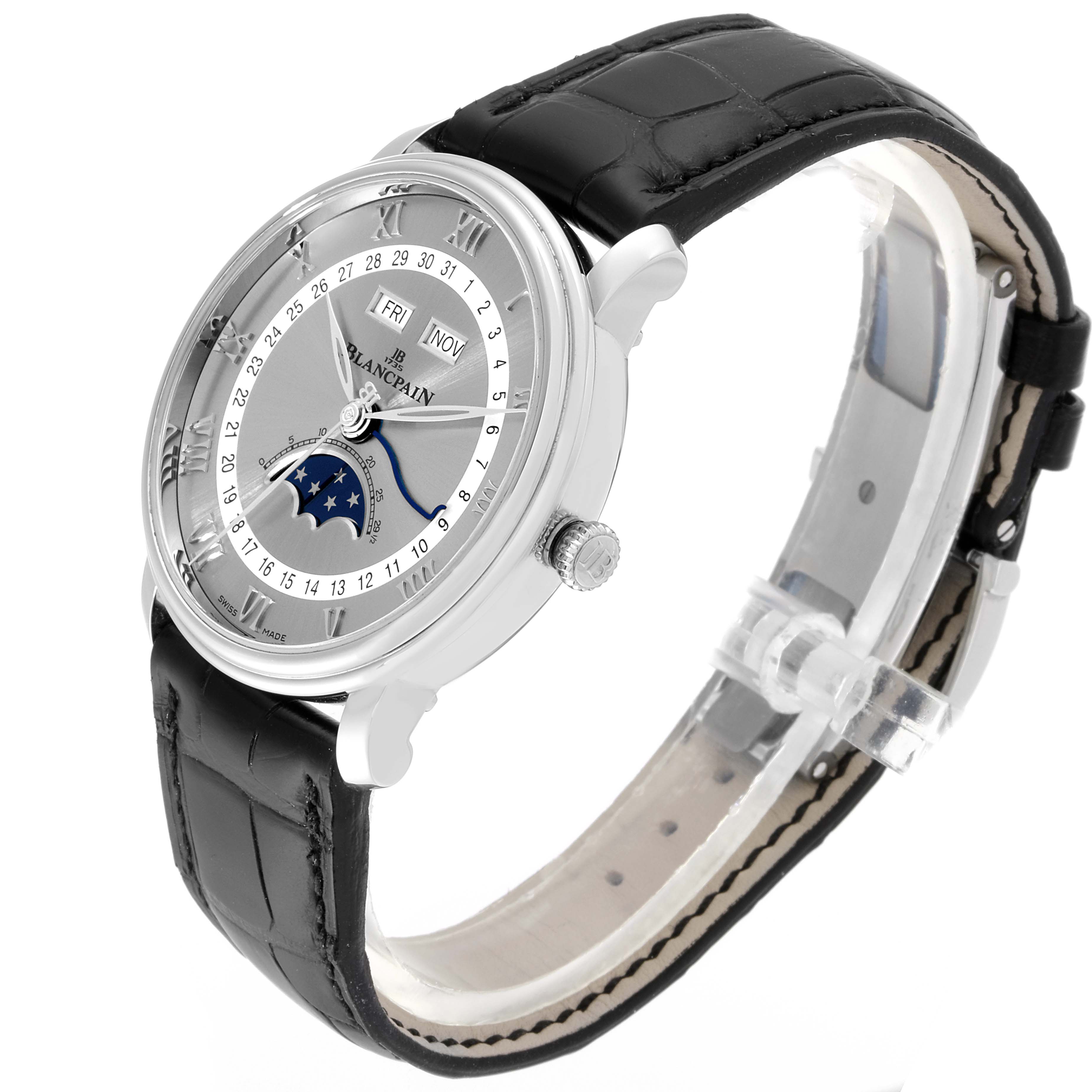 The Blancpain Villeret 6654-1127-55B Men's Stainless Steel Silver Dial 6654-1127-55B Men's Stainless Steel Silver Dial watch is shown at an angle displaying its face, side view, and black leather strap.