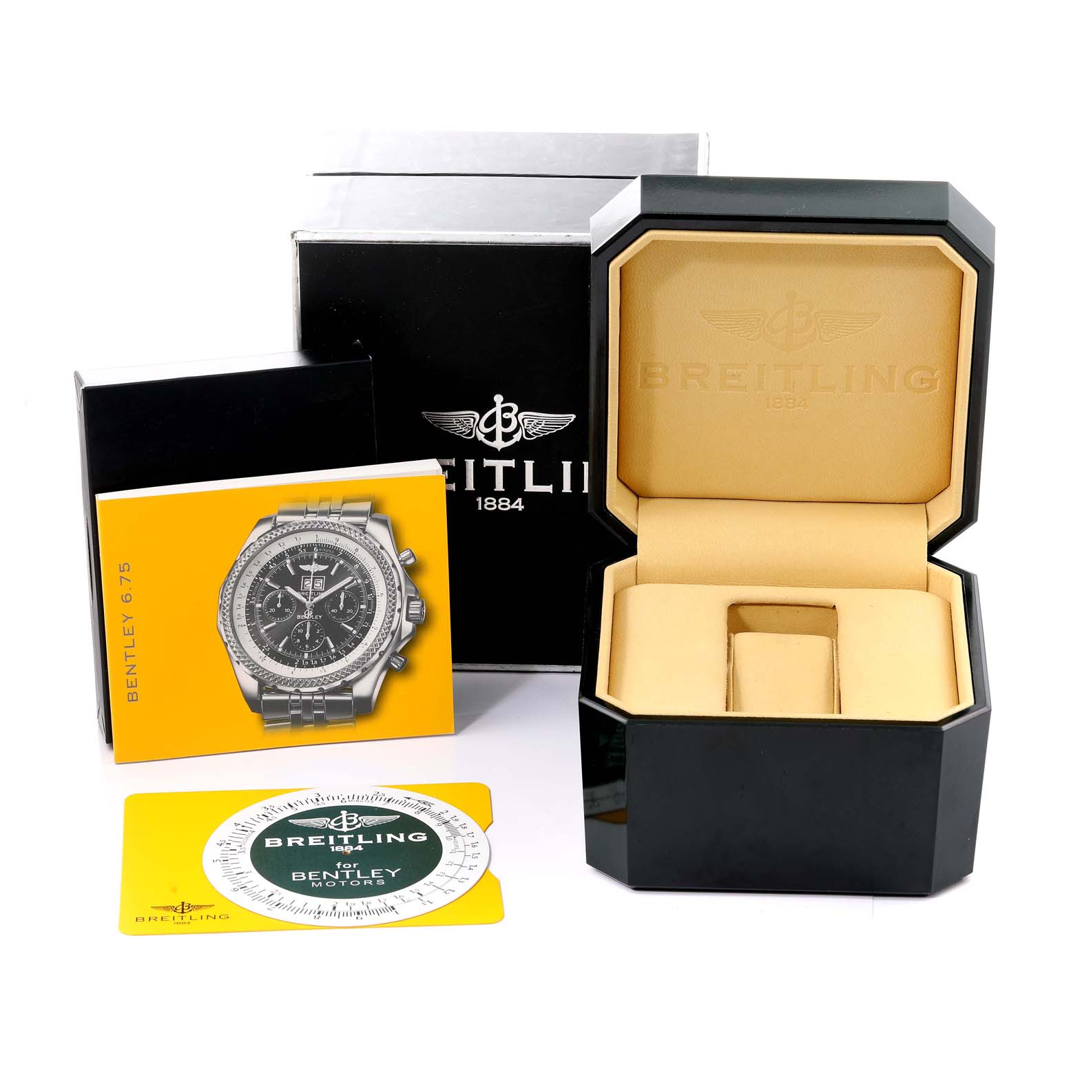 The image shows the packaging, manual, and accessories for the Breitling Bentley A44362 Men's Stainless Steel Black Dial A44362 Men's Stainless Steel Black Dial model watch, along with an open watch box.