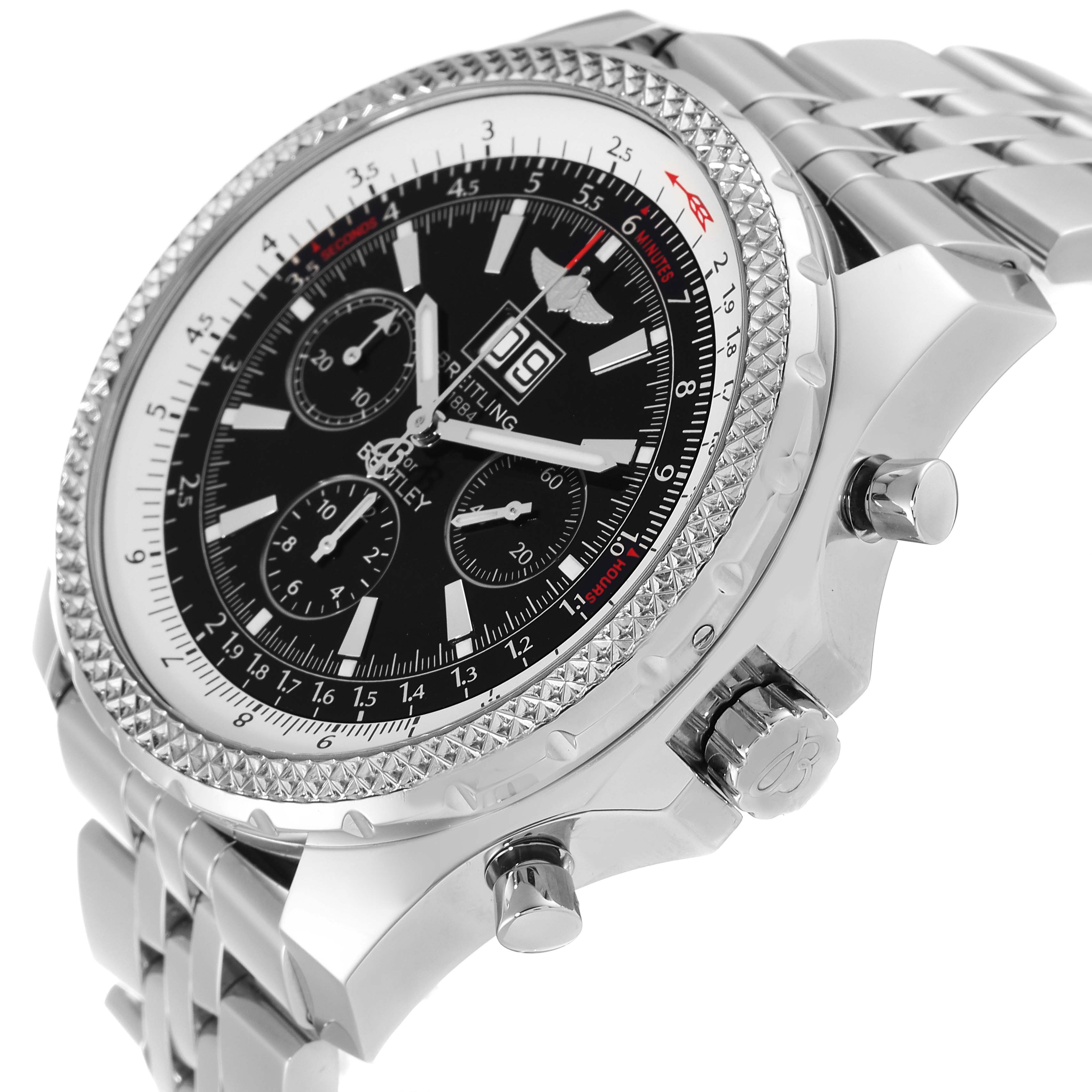 This Bentley model Breitling watch is shown at an angle highlighting the face, bezel, crown, pushers, and bracelet.