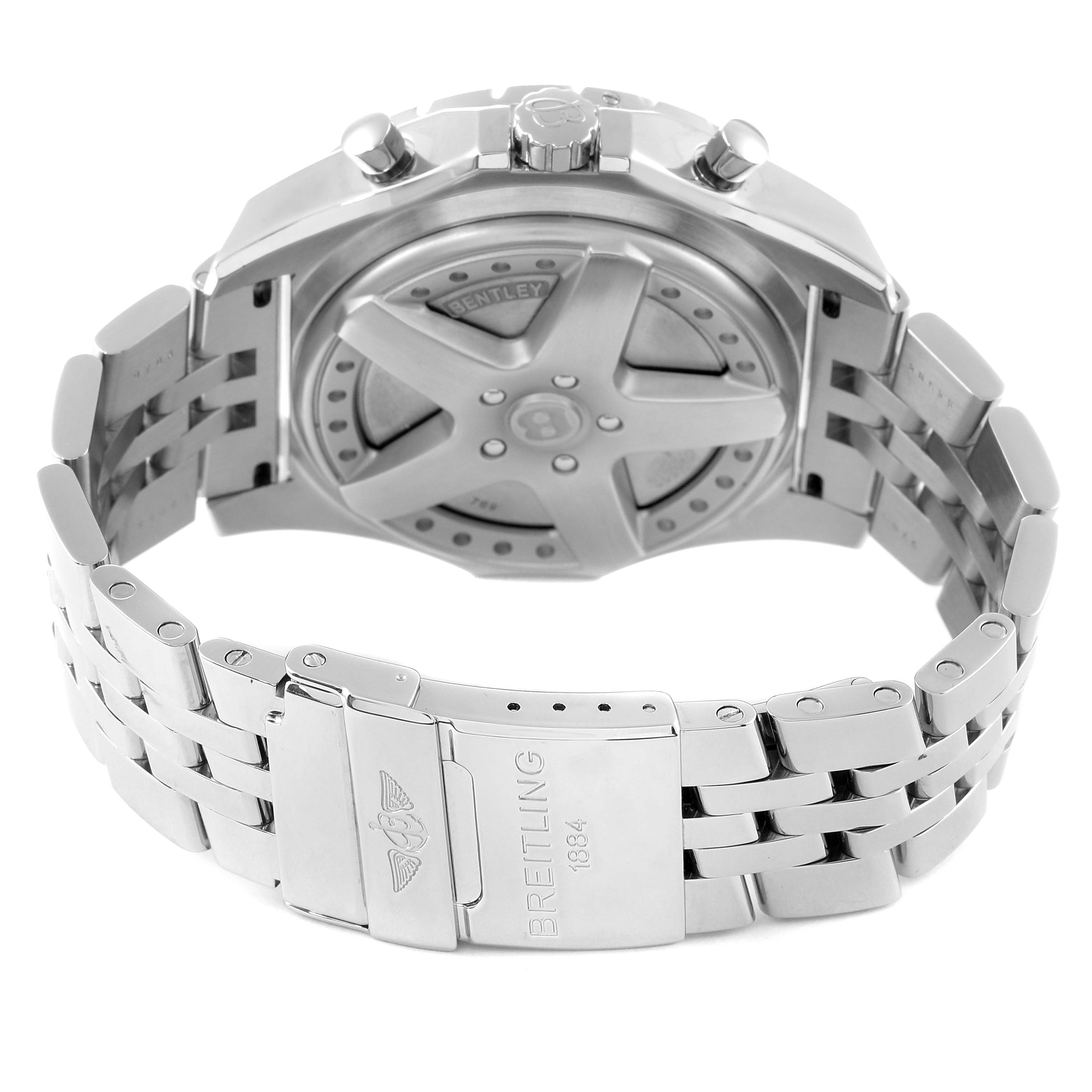 This image shows the back view of the Breitling Bentley A44362 Men's Stainless Steel Black Dial A44362 Men's Stainless Steel Black Dial model watch, including its case back and stainless steel bracelet with the clasp.