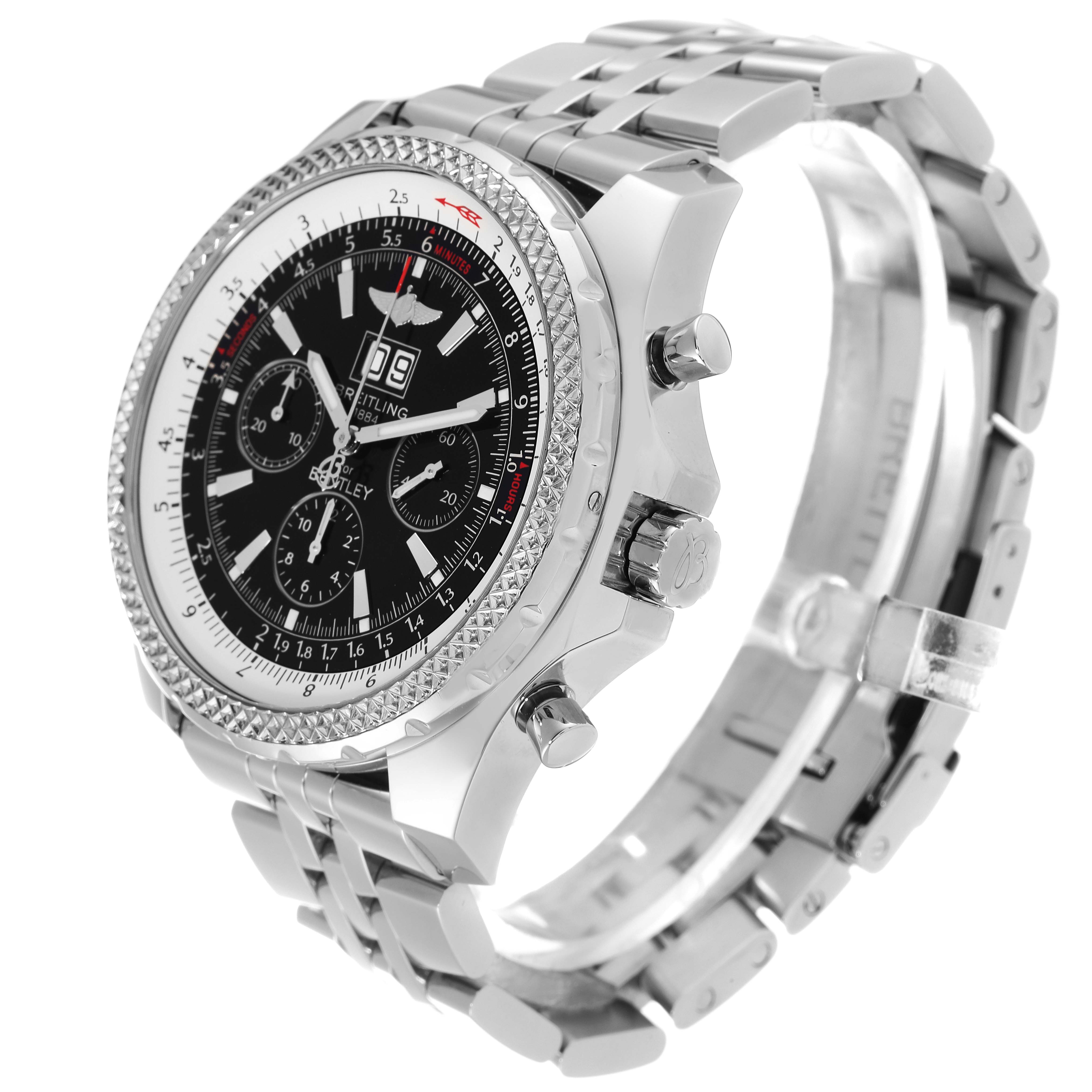 The image shows a Breitling Bentley A44362 Men's Stainless Steel Black Dial A44362 Men's Stainless Steel Black Dial watch at a three-quarter angle, displaying the face, side buttons, and part of the metal strap.