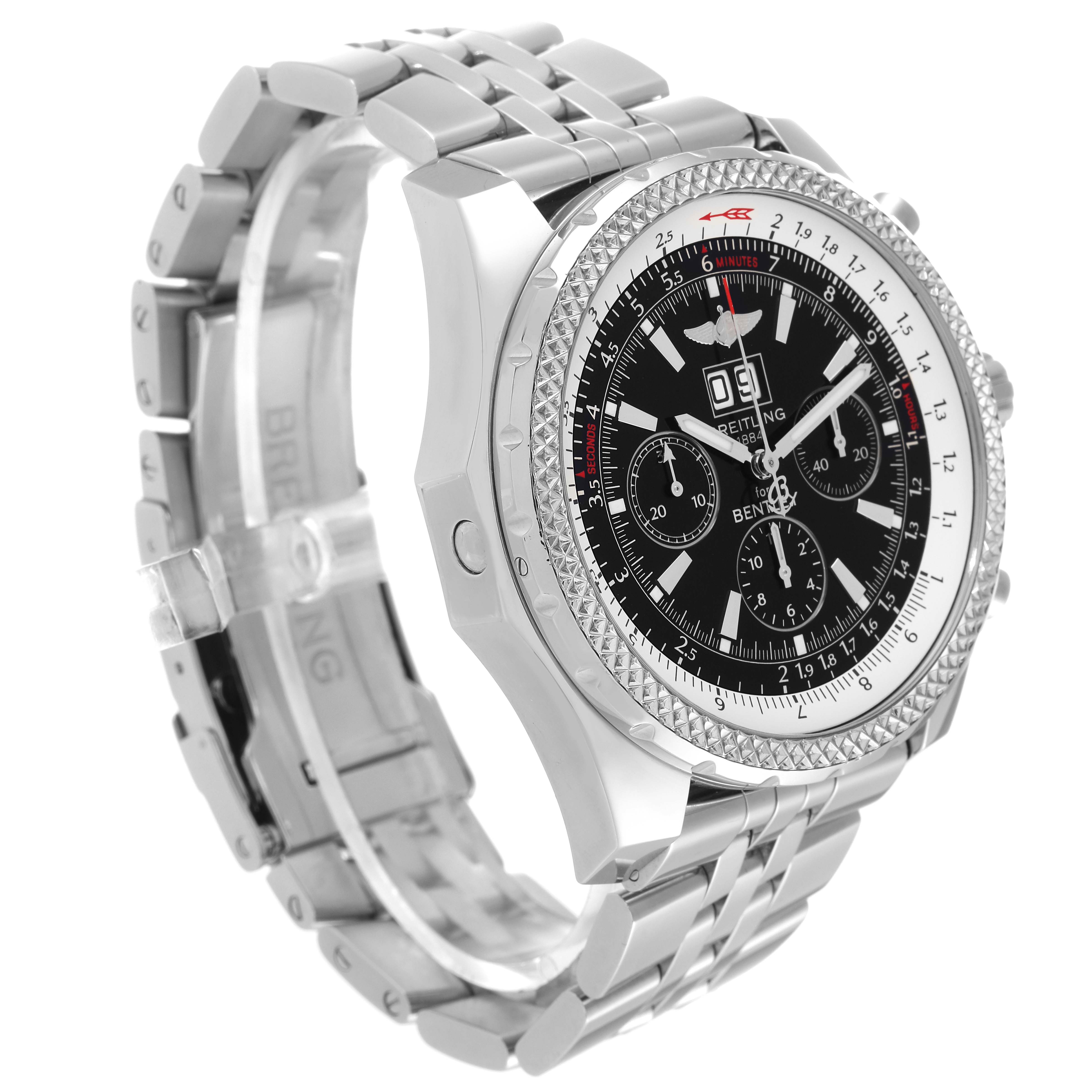 The image shows a side-angle view of the Breitling Bentley A44362 Men's Stainless Steel Black Dial A44362 Men's Stainless Steel Black Dial model watch, highlighting its band, bezel, and dial.