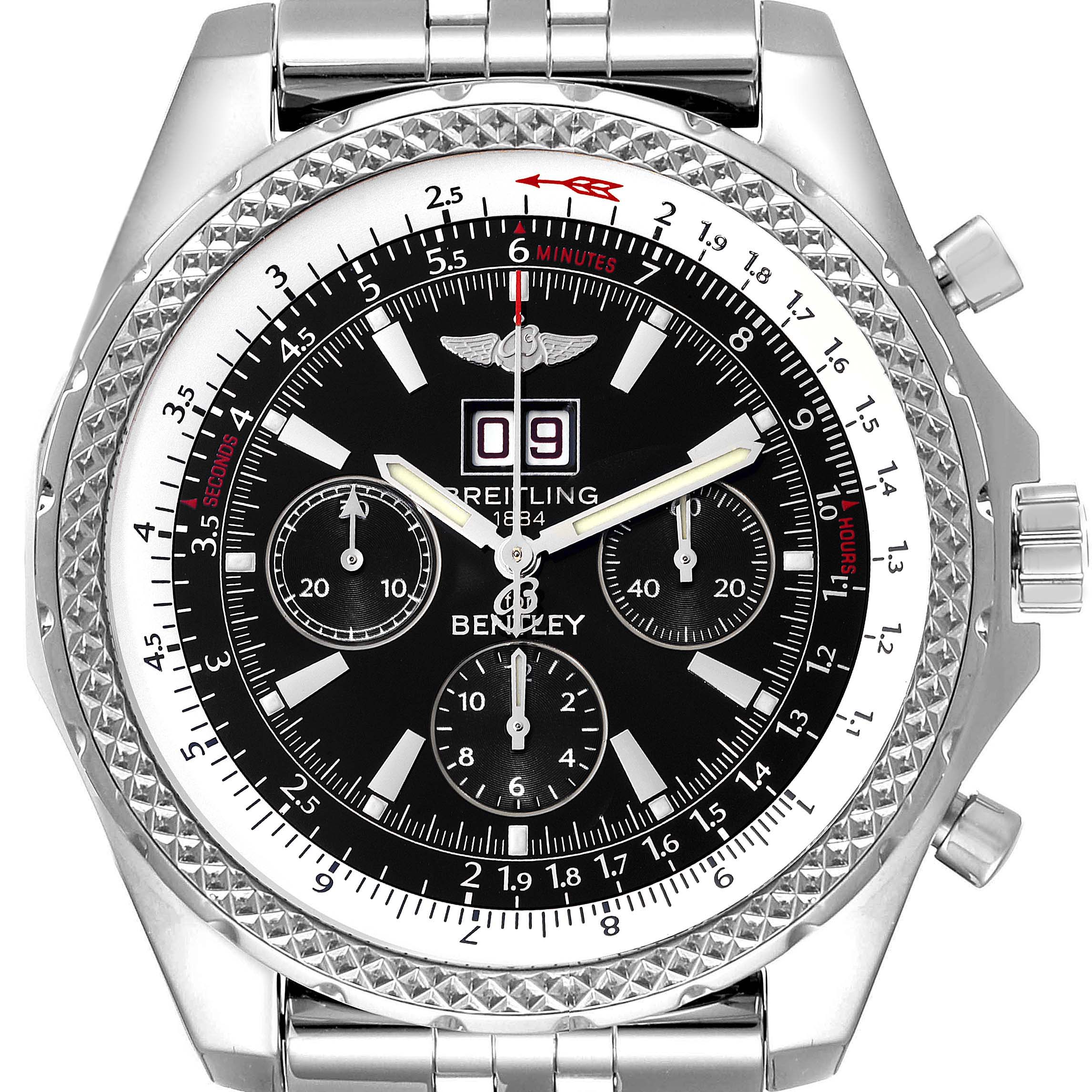 The image shows a front view of the Breitling Bentley A44362 Men's Stainless Steel Black Dial A44362 Men's Stainless Steel Black Dial watch, displaying the face, bezel, crown, and part of the bracelet.