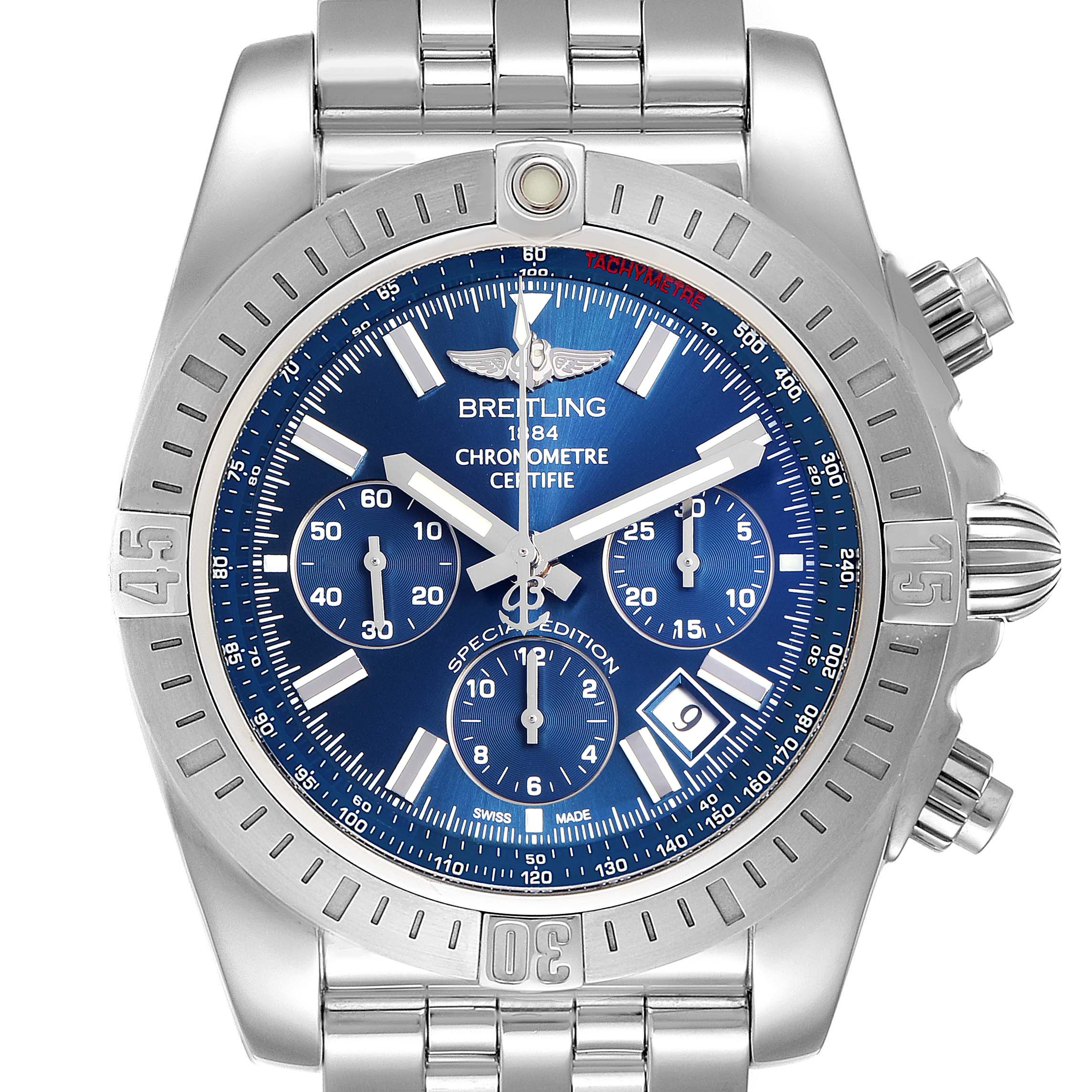 The image shows a top-down view of the Breitling Chronomat AB0115 Men
s Stainless Steel Blue Dial AB0115 Men
s Stainless Steel Blue Dial watch, highlighting its blue dial, chronograph sub-dials, and stainless steel bracelet.