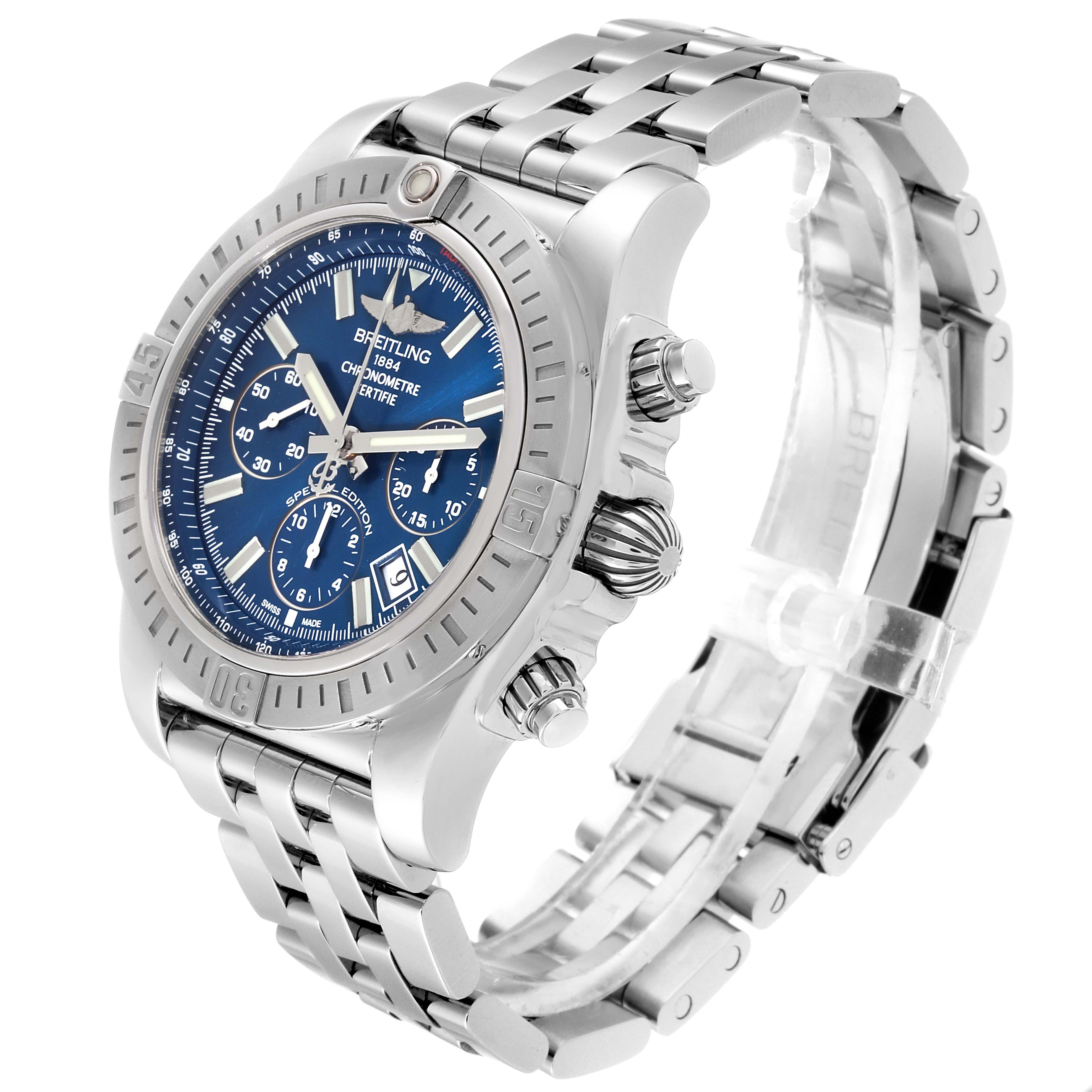 The image shows a side view of the Breitling Chronomat AB0115 Men
s Stainless Steel Blue Dial AB0115 Men
s Stainless Steel Blue Dial watch, highlighting its face, bezel, crown, and stainless steel band.